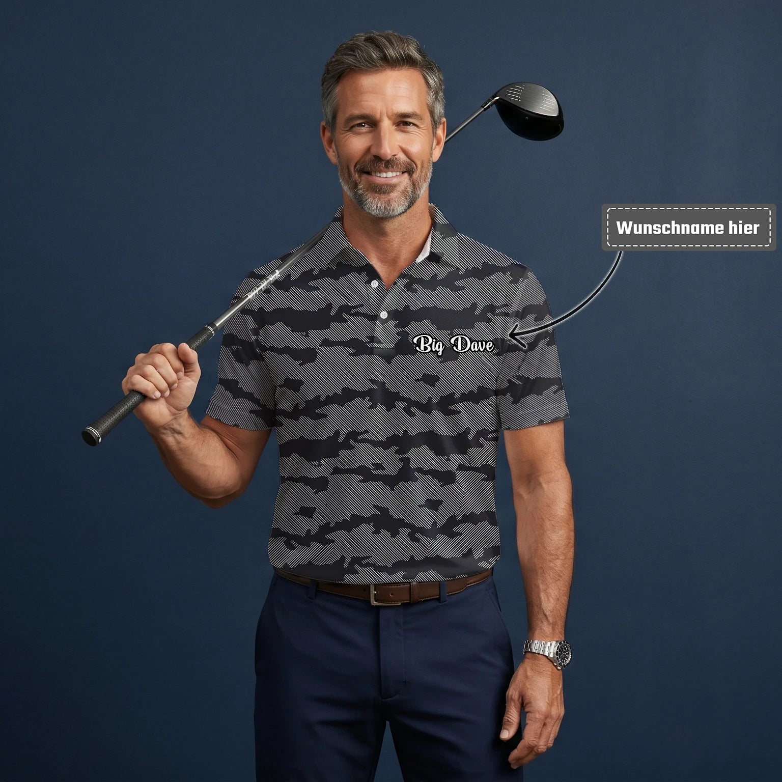 Personalisiertes Golf Poloshirt Grau Schwarzes Camo Design für Herren R8701