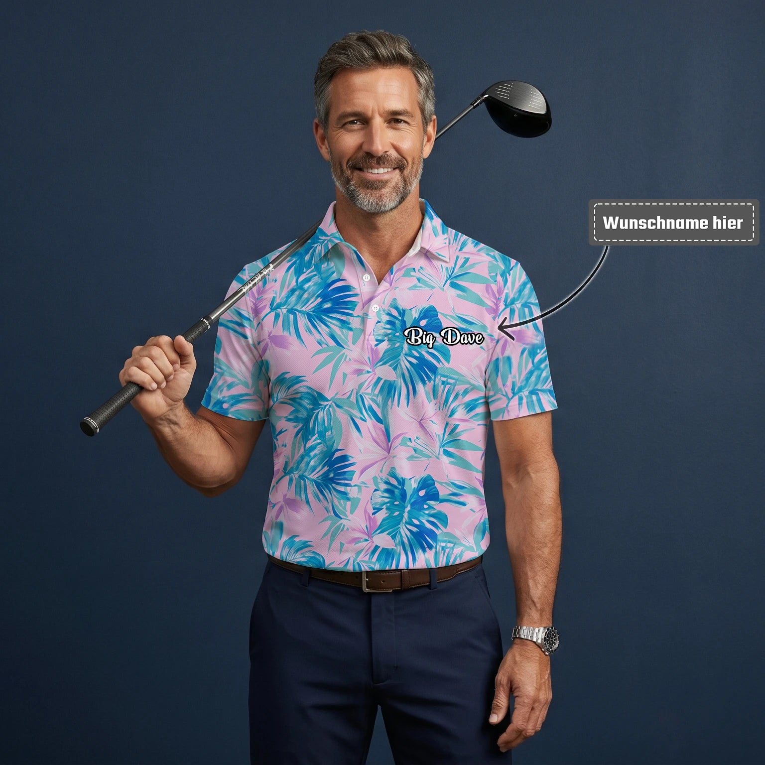 Personalisiertes Golf Poloshirt Rosa Blaues Tropisches Blätter Design für Herren K0497