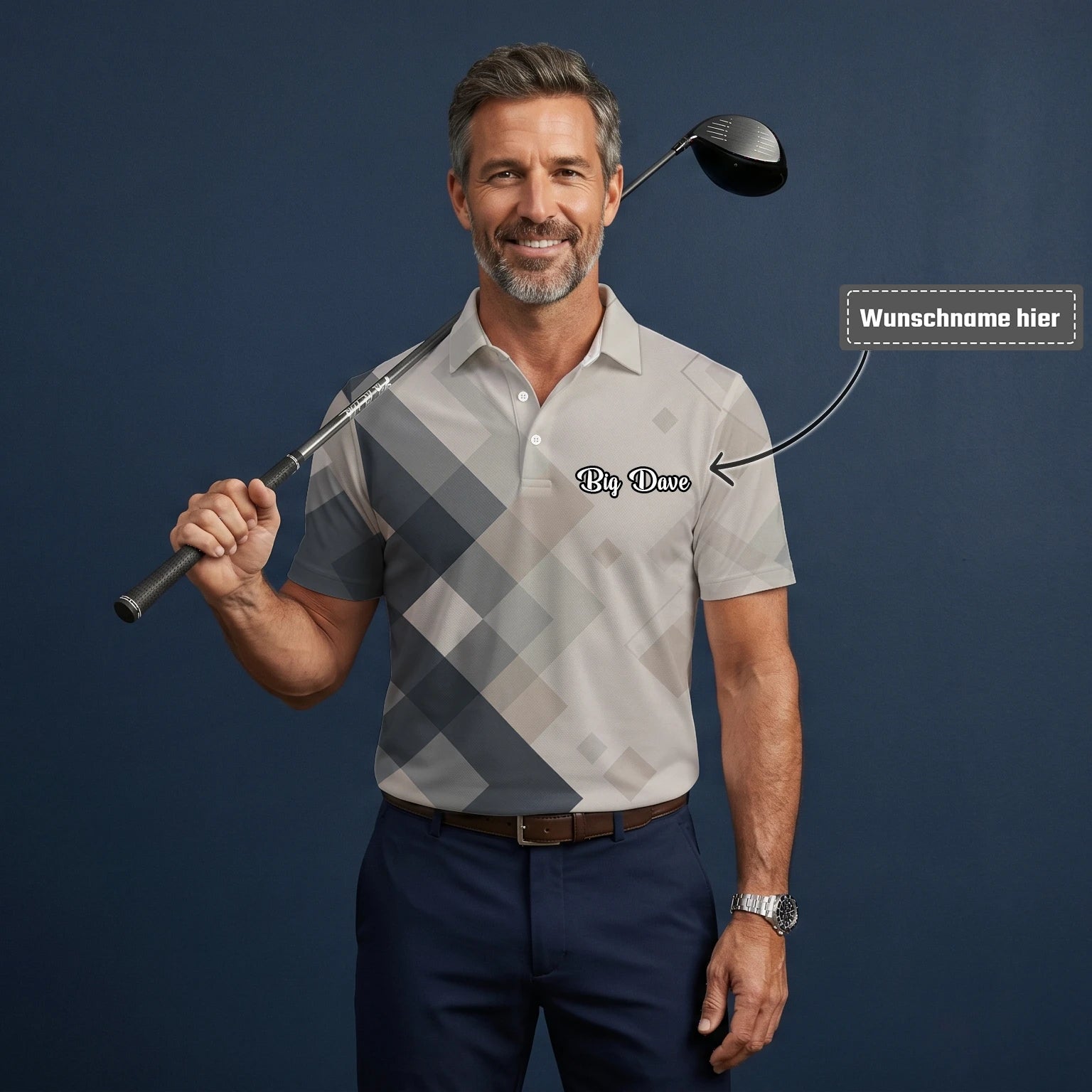 Personalisiertes Golf Poloshirt Beige Graues Rauten Muster für Herren Z6499