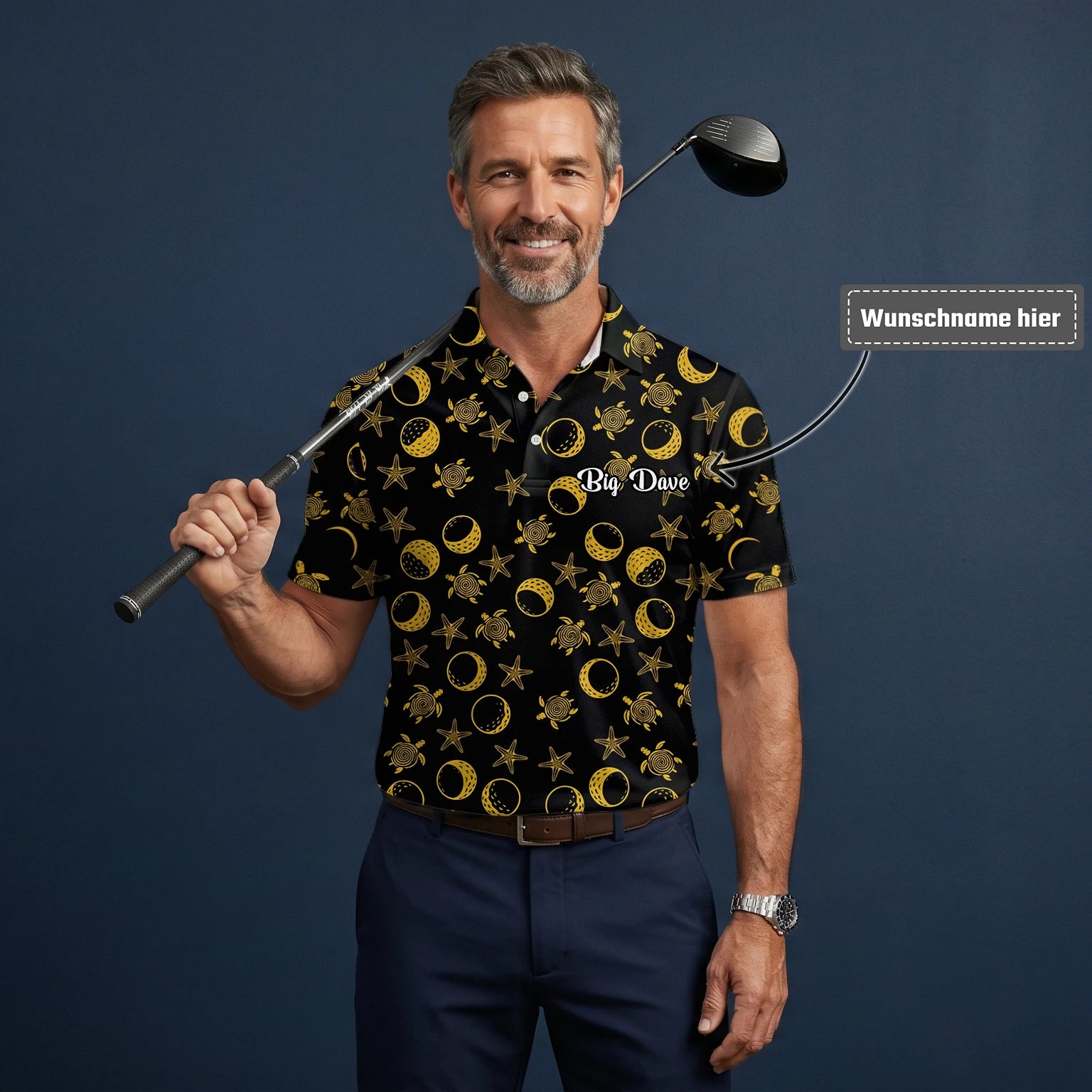 Personalisiertes Golf Poloshirt Schwarz Goldenes Meeresschildkröten Mond Stern Design für Herren V4483