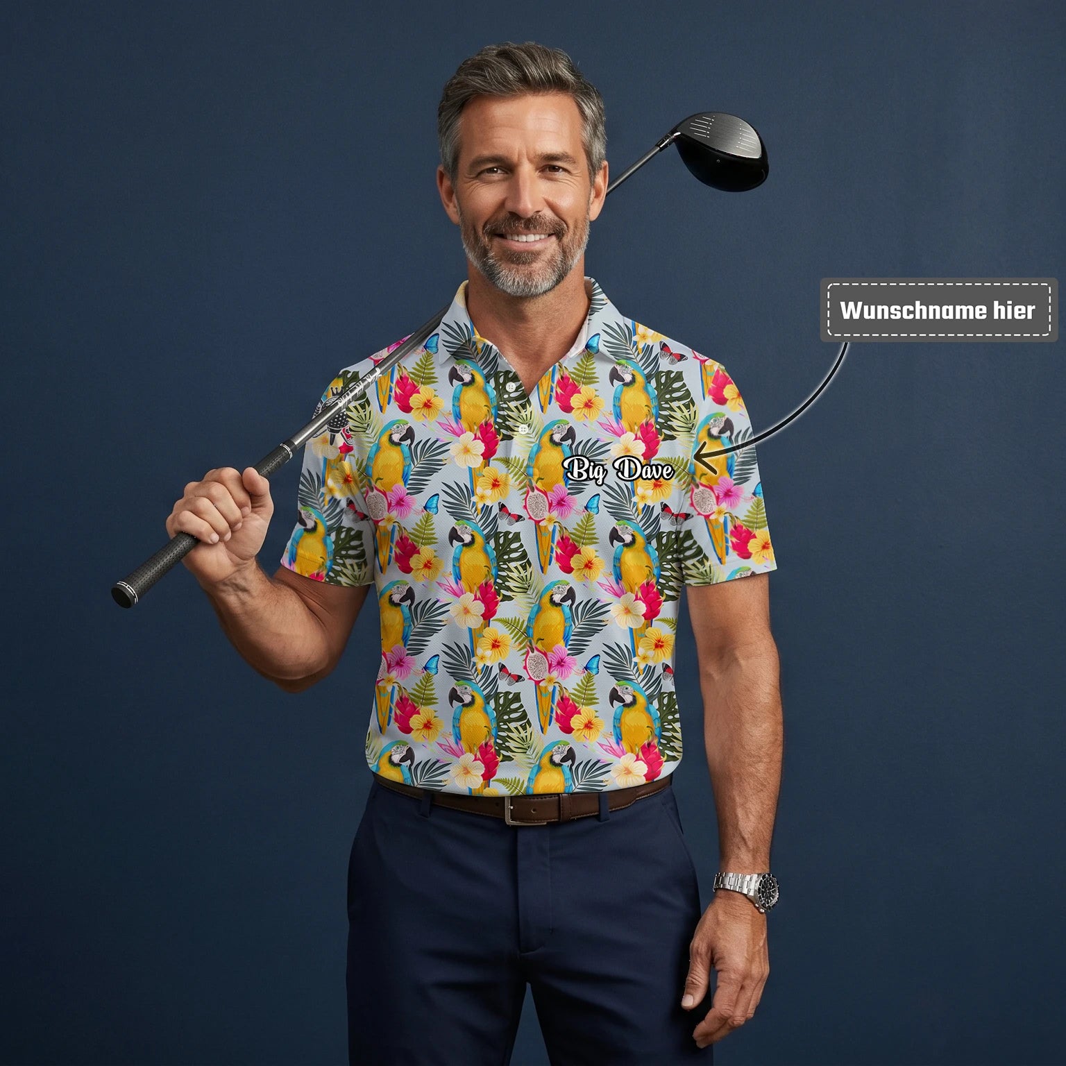 Personalisiertes Golf Poloshirt Creme Gelbes Tropisches Papagei Hibiskus Design für Herren V2558