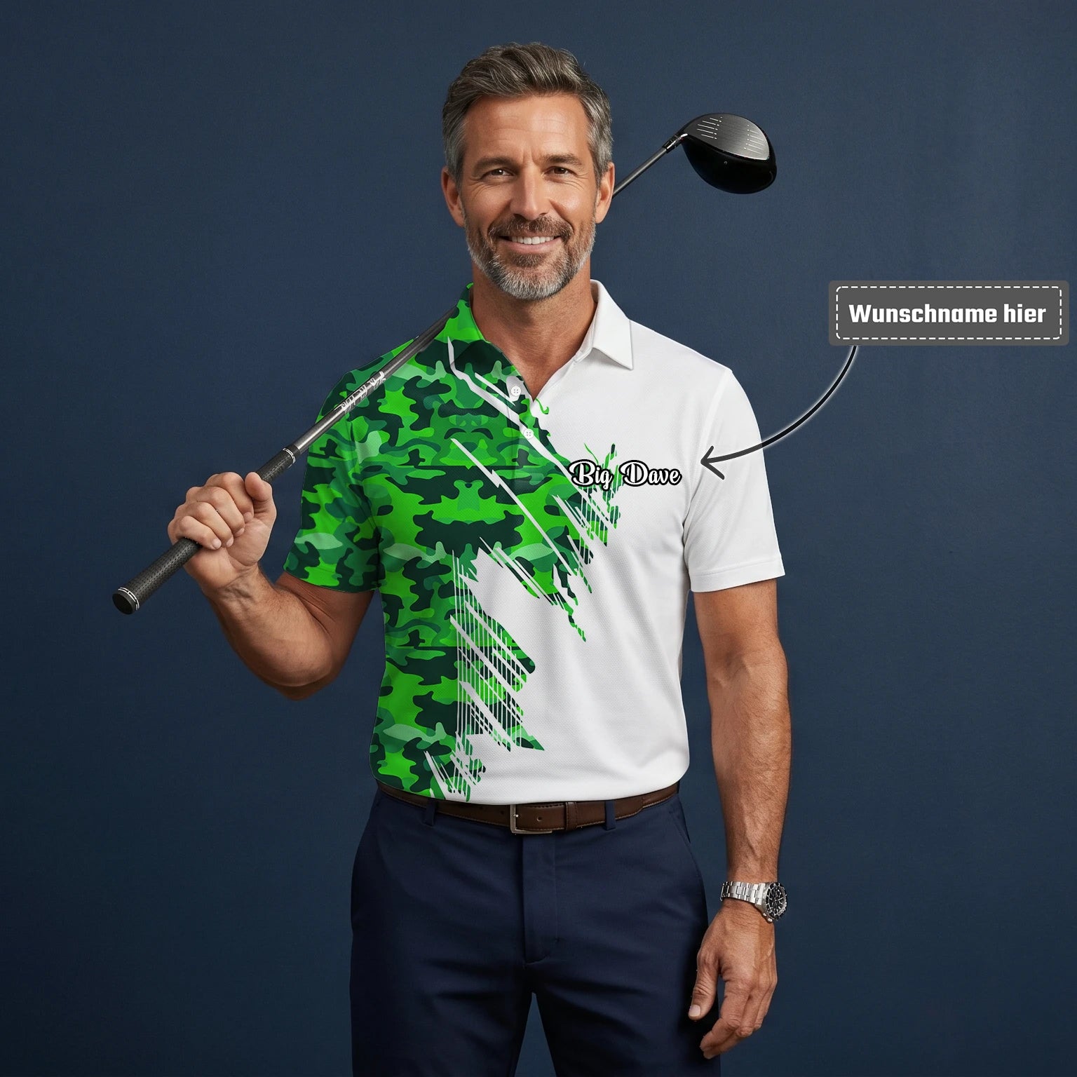 Personalisiertes Golf Poloshirt Weiß Grünes Camo Pinselstreifen Design für Herren E9788