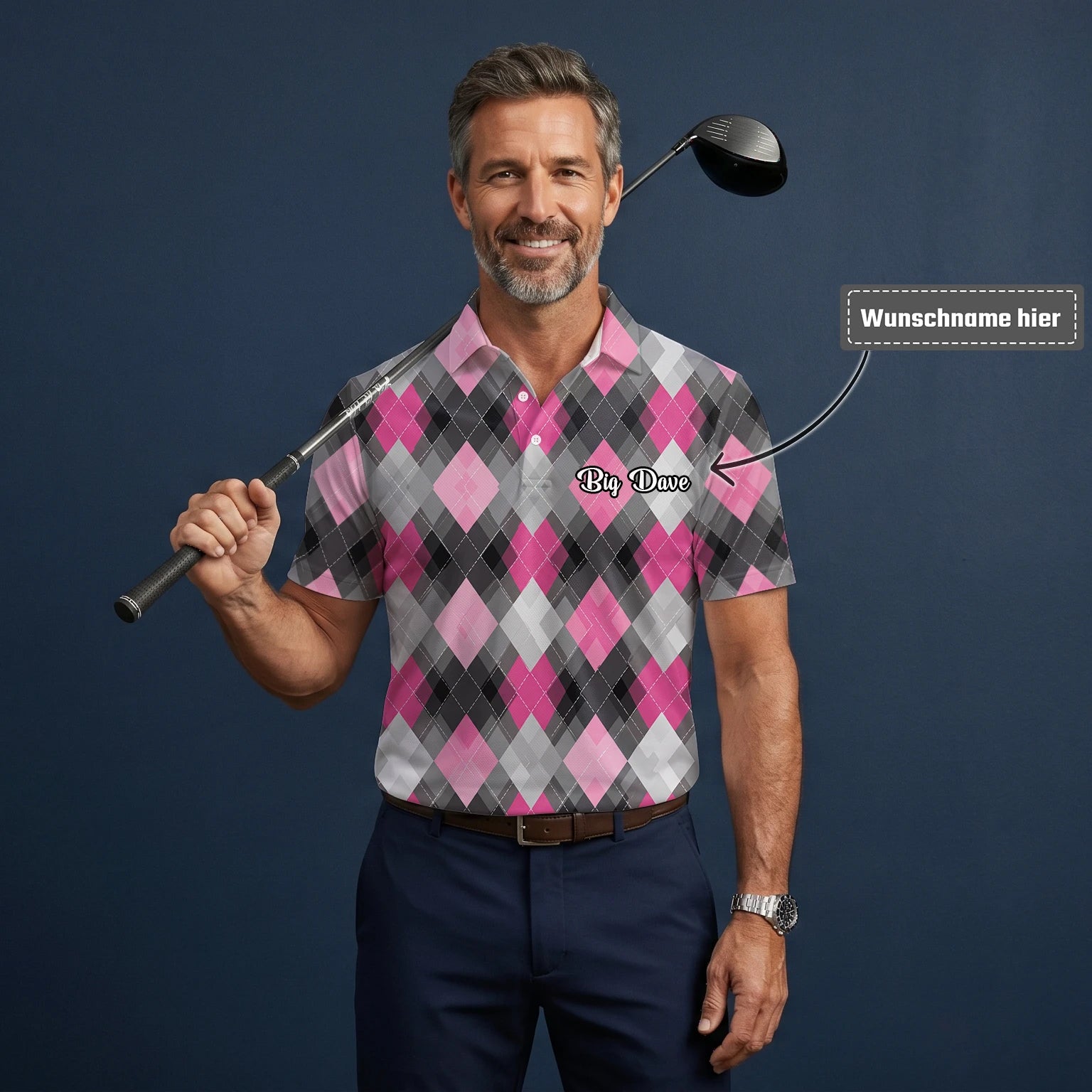 Personalisiertes Golf Poloshirt Rosa Graues Rauten Muster für Herren Z9376