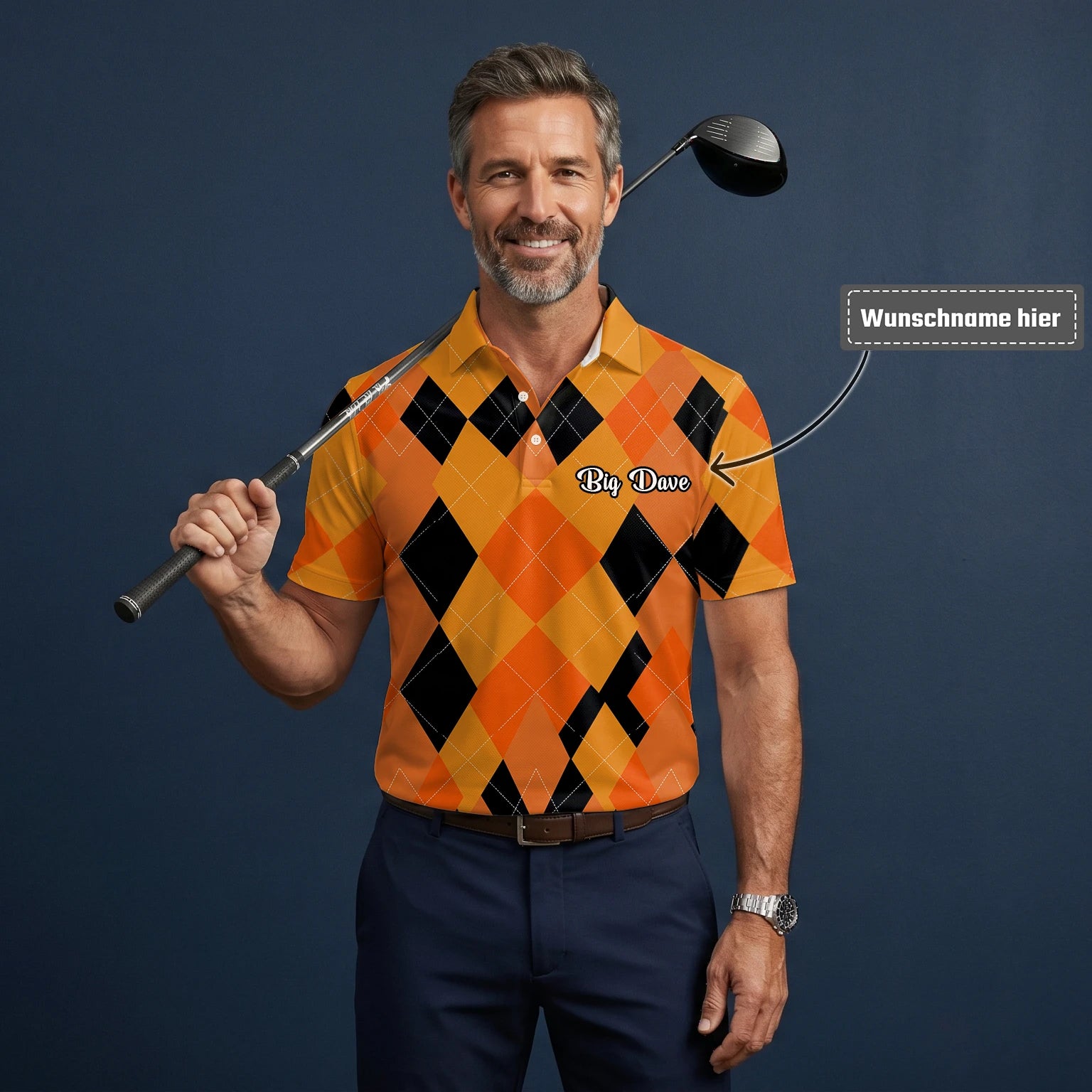 Personalisiertes Golf Poloshirt Orange Schwarzes Rauten Muster für Herren C4203