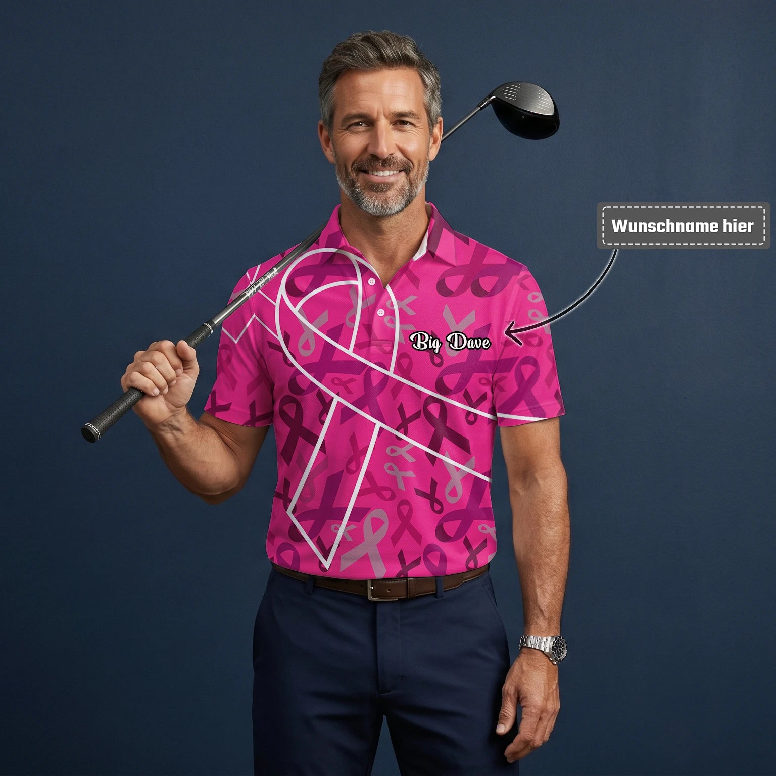Personalisiertes Golf Poloshirt Rosa Brustkrebs Awareness Schleifen Design für Herren O4093