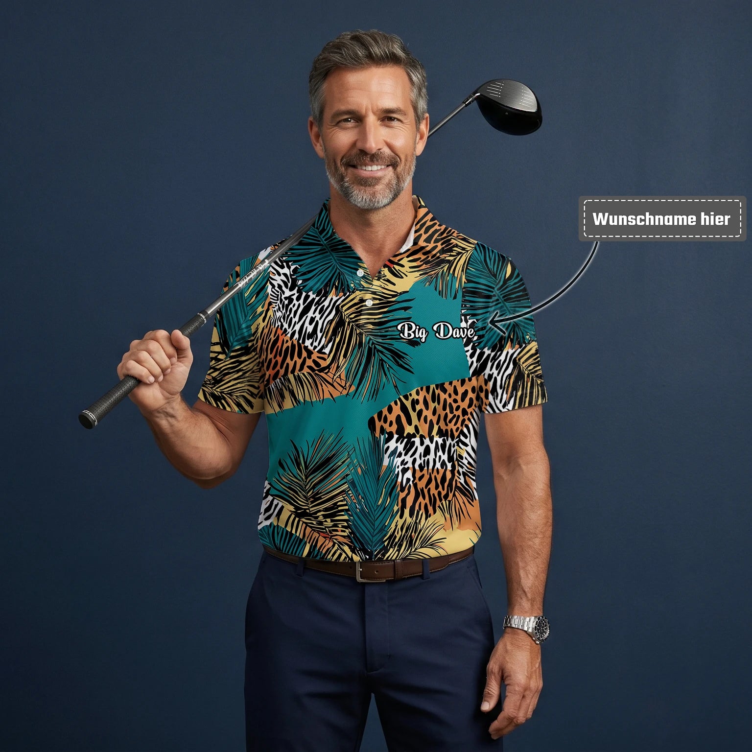Personalisiertes Golf Poloshirt Türkis Orange Tropisches Palmen Animal Print Design für Herren A7122