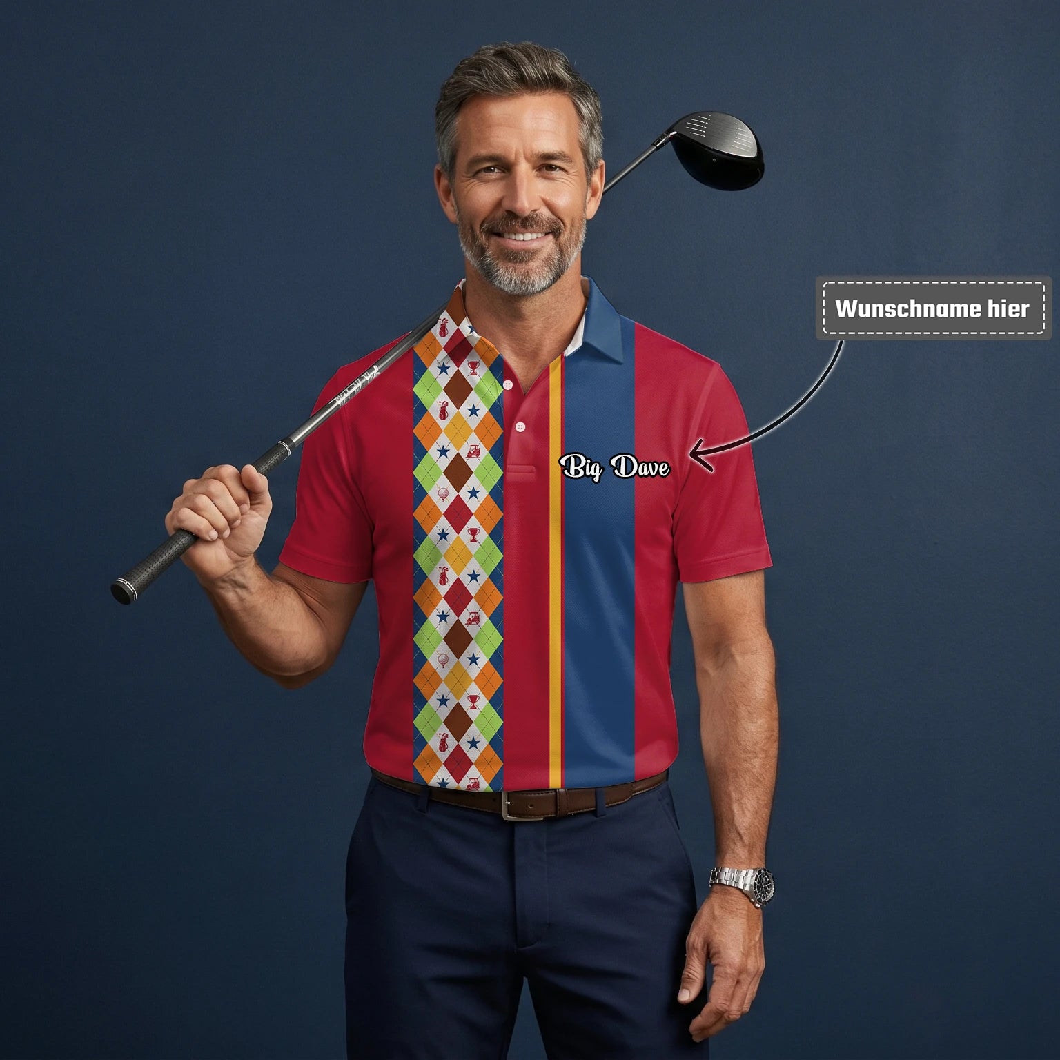 Personalisiertes Golf Poloshirt Rot Blaues Buntes Rauten Muster für Herren V1769