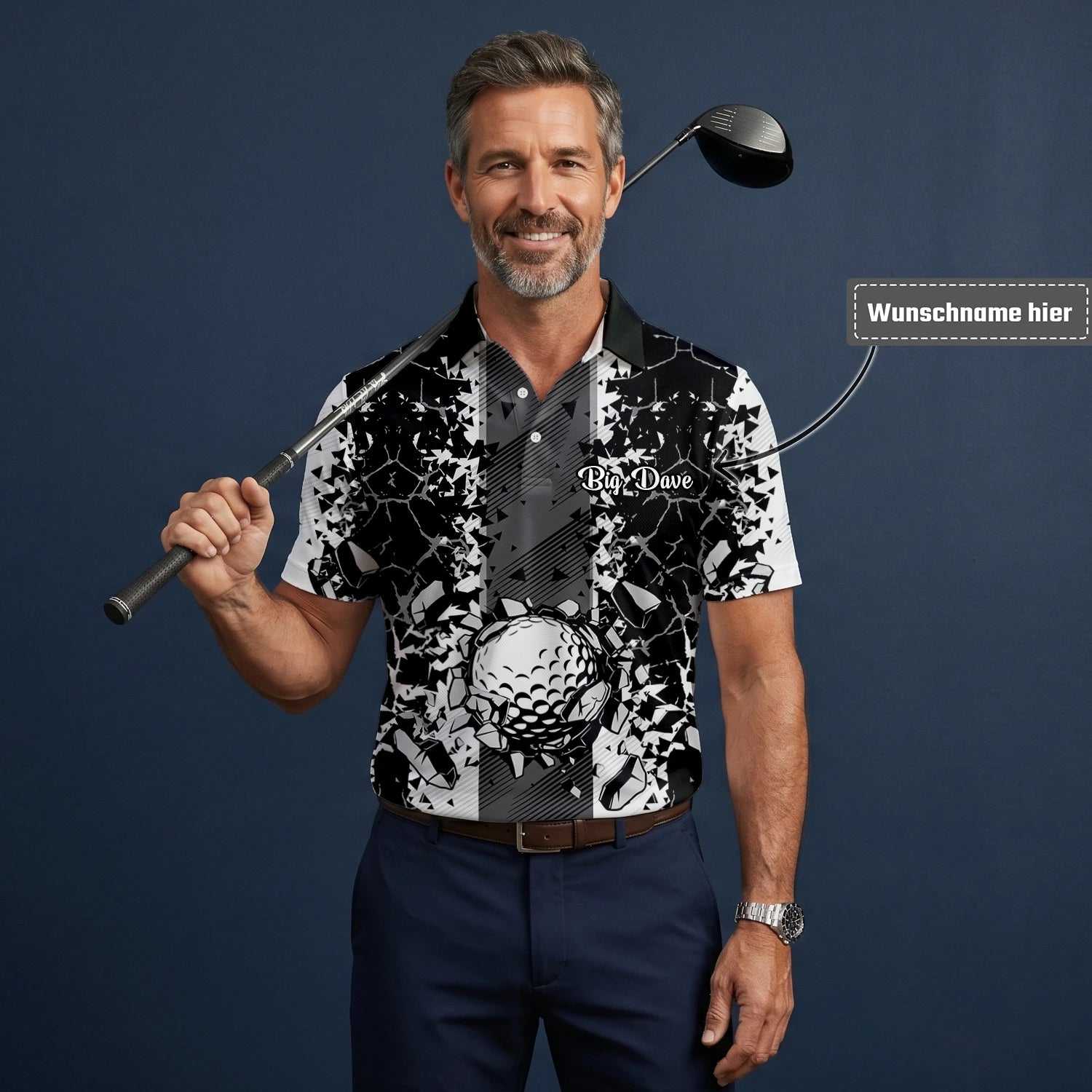 Personalisiertes Golf Poloshirt Schwarz Weißes Golfball Glassplitter Design für Herren F6407