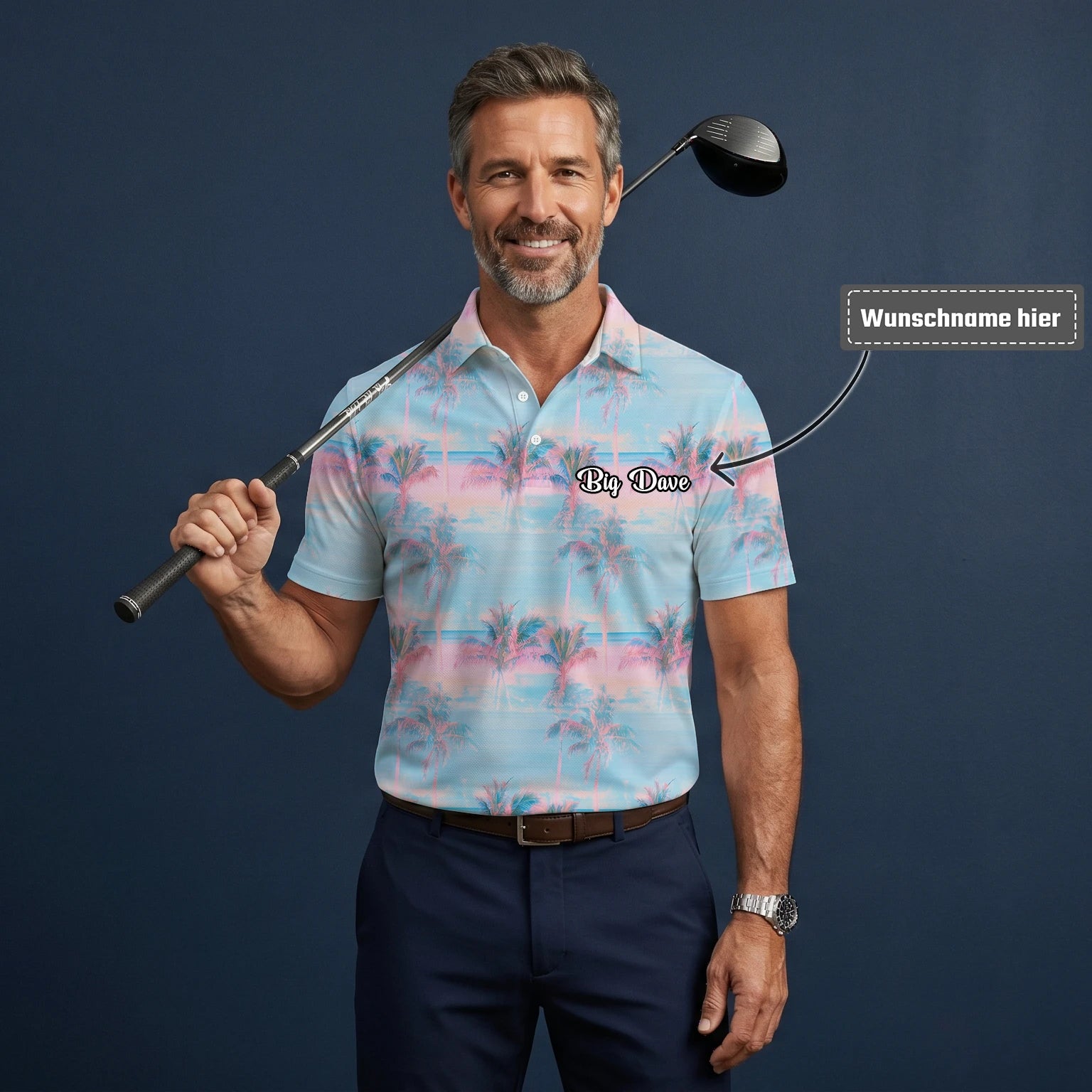 Personalisiertes Golf Poloshirt Pastellblau Rosa Palmen Sonnenuntergang Design für Herren G4431