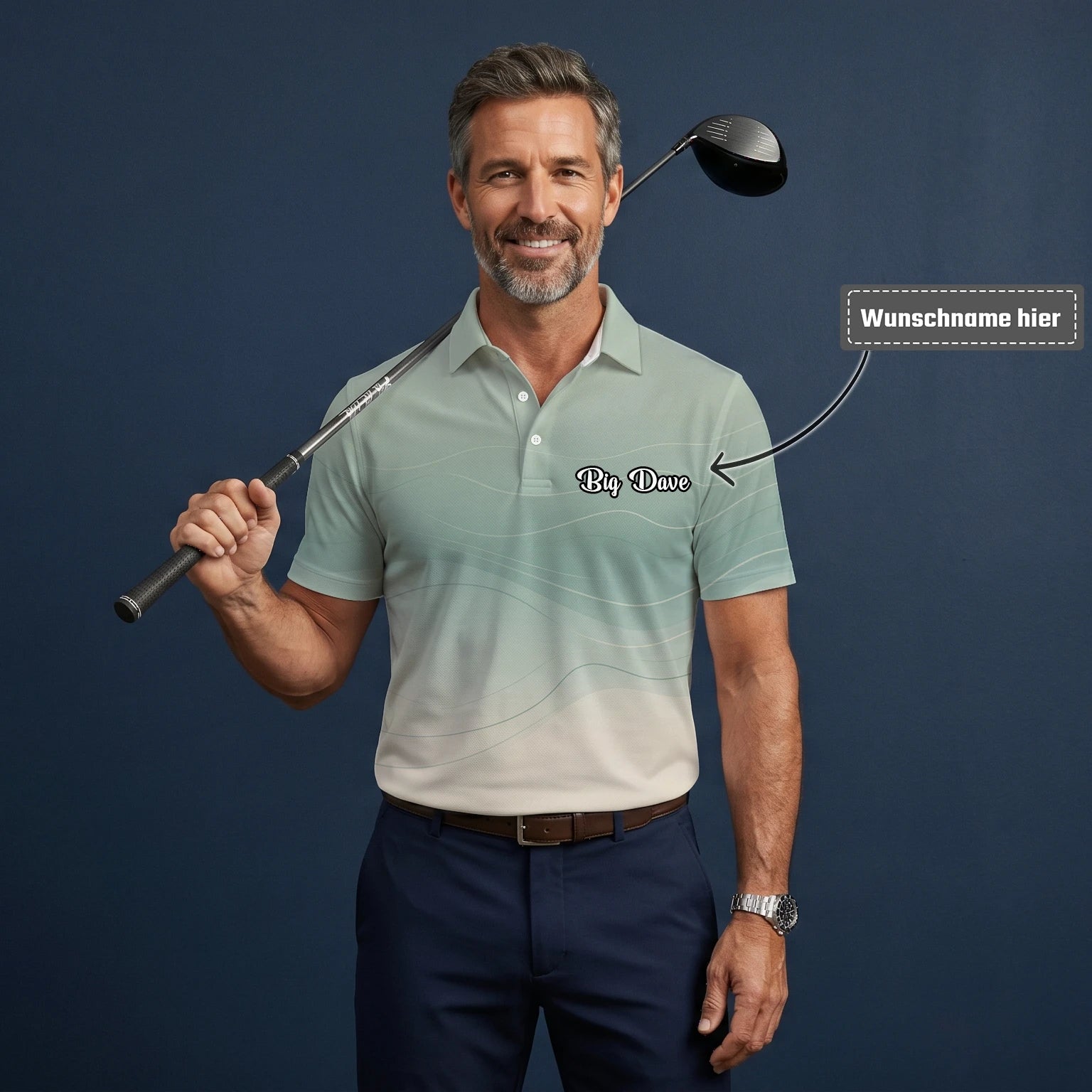 Personalisiertes Golf Poloshirt Salbeigrün Beiges Abstraktes Wellen Design für Herren X8036