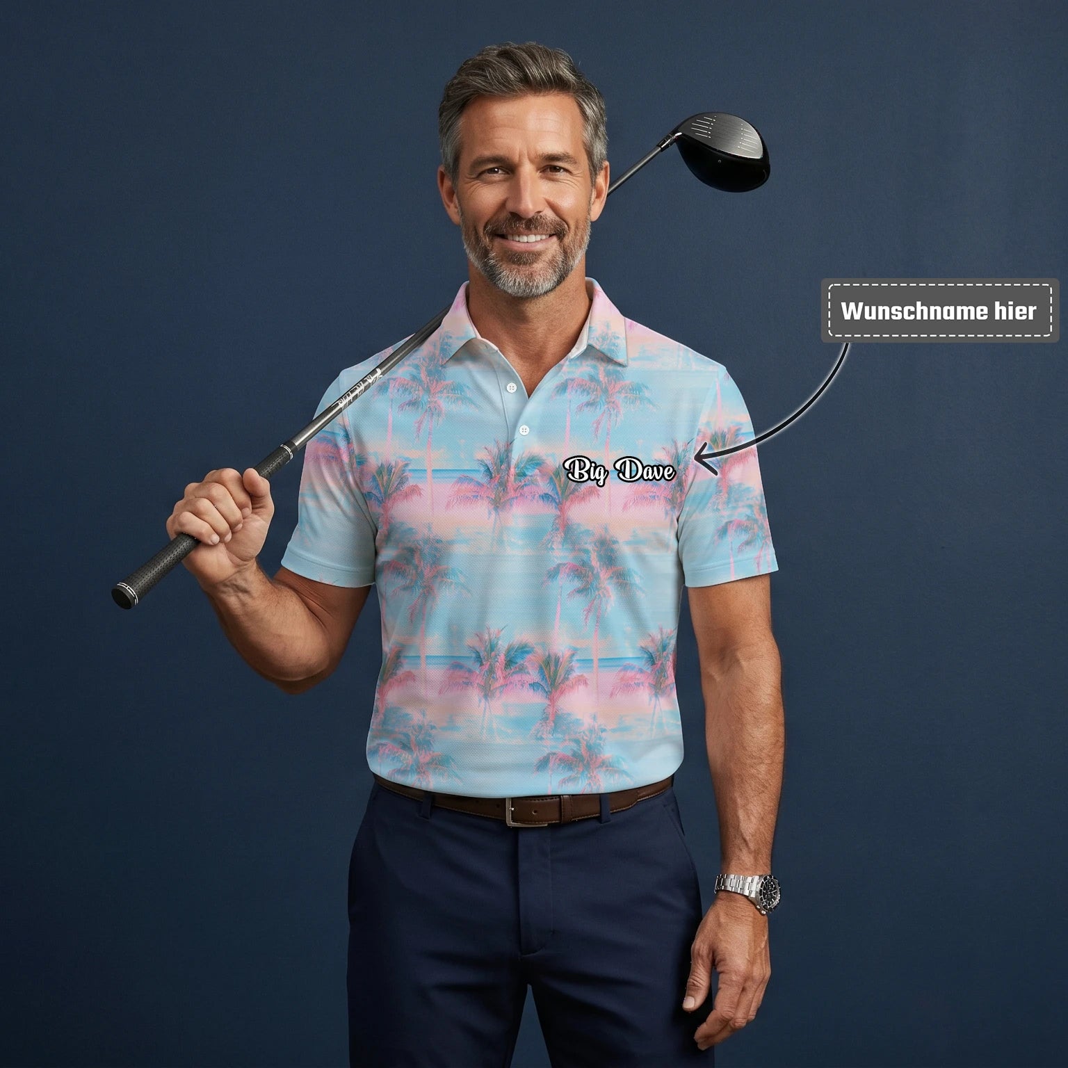 Personalisiertes Golf Poloshirt Pastellblau Rosa Palmen Sonnenuntergang Design für Herren G4431