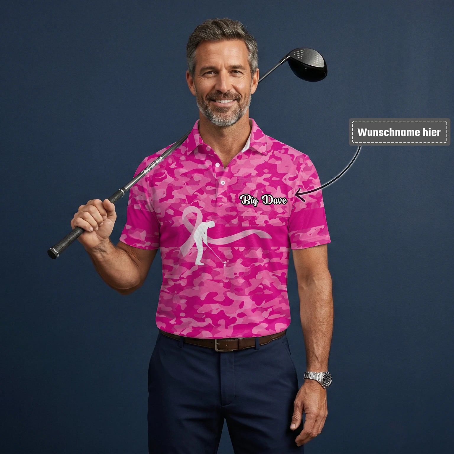 Personalisiertes Golf Poloshirt Rosa Camo Brustkrebs Awareness Schleifen Golfer Design für Herren Z3179