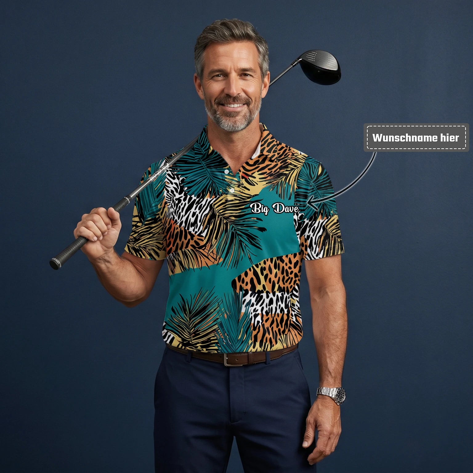Personalisiertes Golf Poloshirt Türkis Orange Tropisches Palmen Animal Print Design für Herren A7122