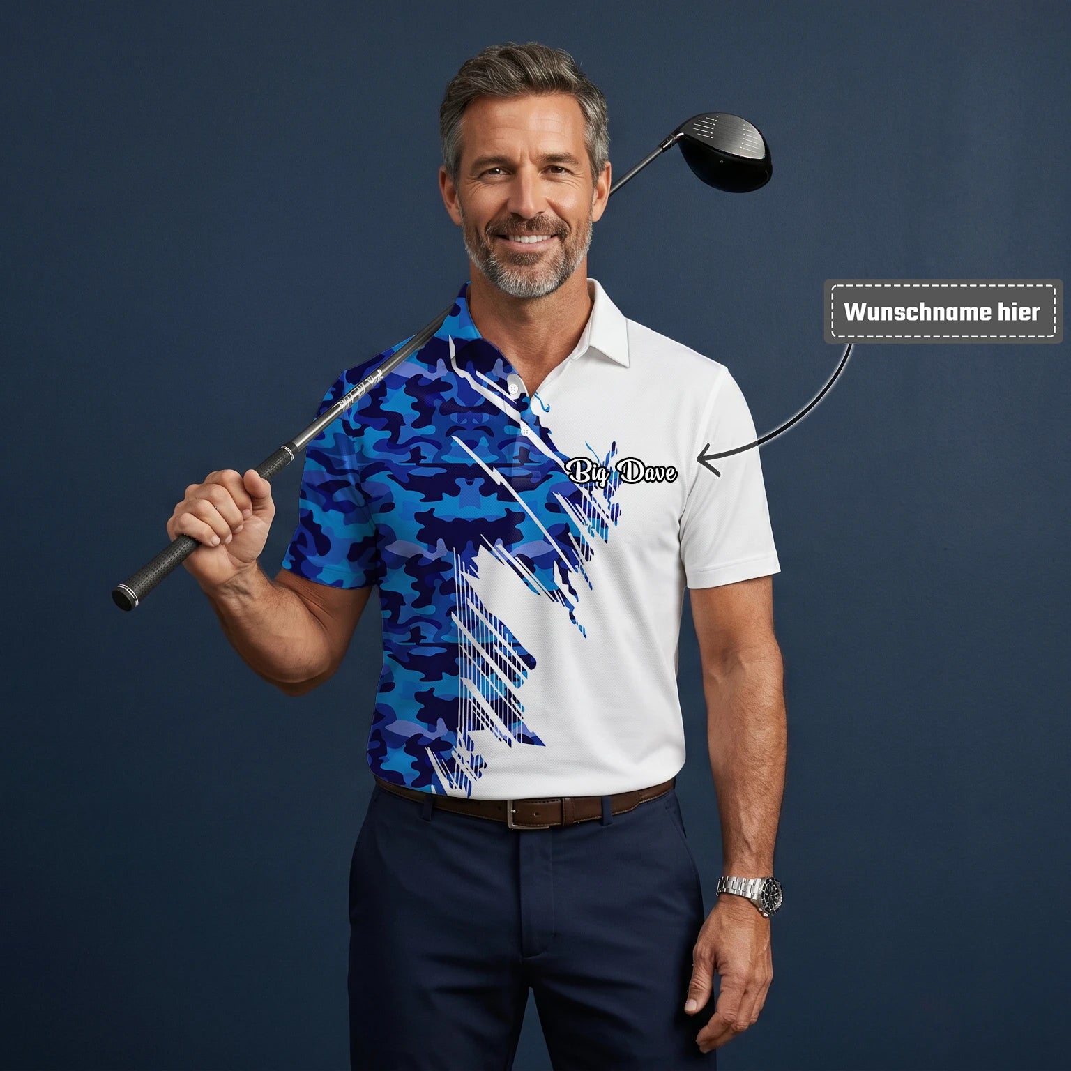 Personalisiertes Golf Poloshirt Weiß Blaues Camo Pinselstrich Design für Herren M3845