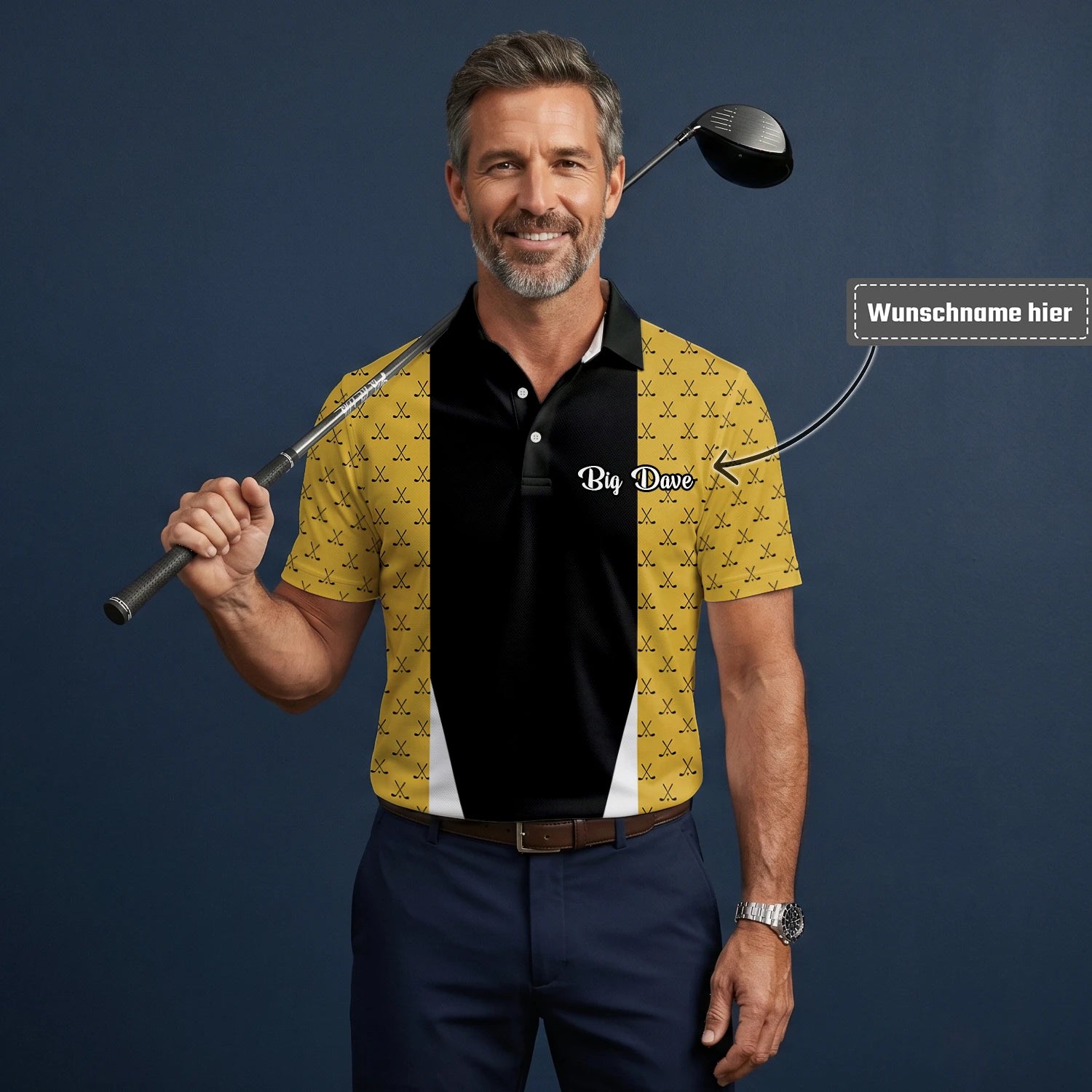 Personalisiertes Golf Poloshirt in Schwarz-Gold mit Golfschläger-Muster und Streifen für Herren B5489