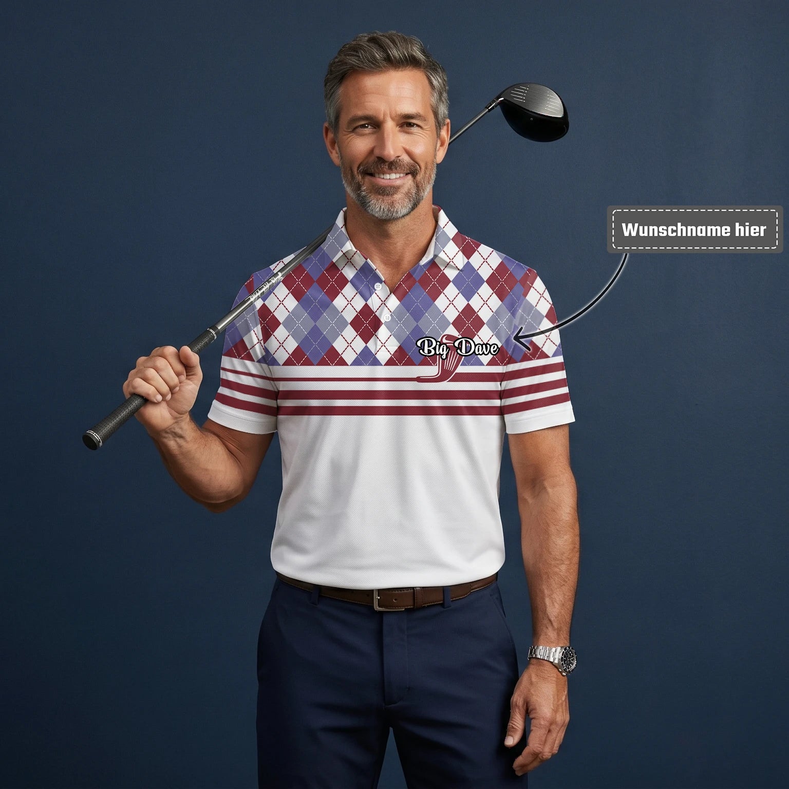 Personalisiertes Golf Poloshirt Weiß Bordeaux Rauten Golfschläger Streifen Design für Herren K9019