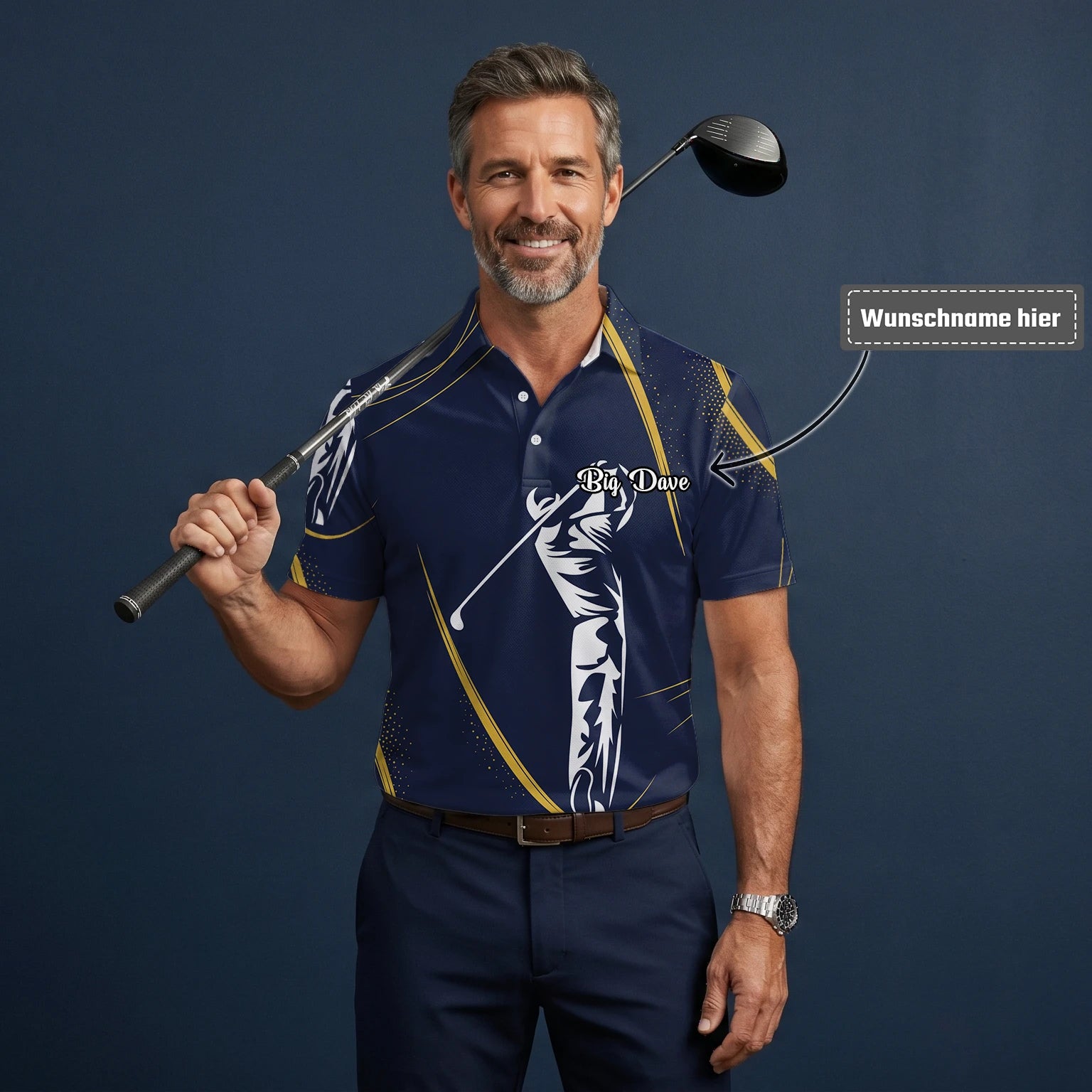 Personalisiertes Golf Poloshirt Marineblau Goldenes Golfer Schwung Silhouetten Design für Herren A1639