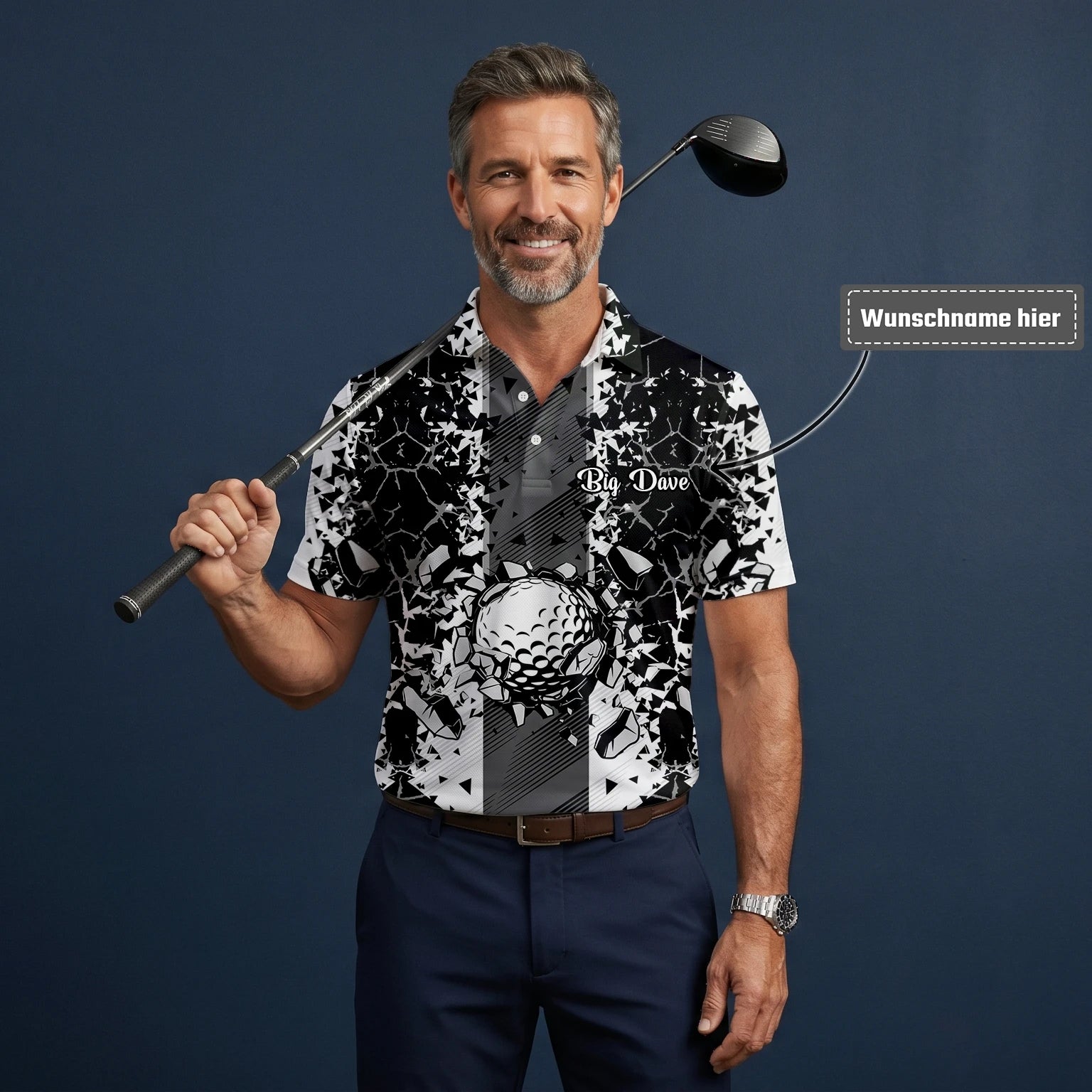 Personalisiertes Golf Poloshirt Schwarz Weißes Golfball Glassplitter Design für Herren F6407