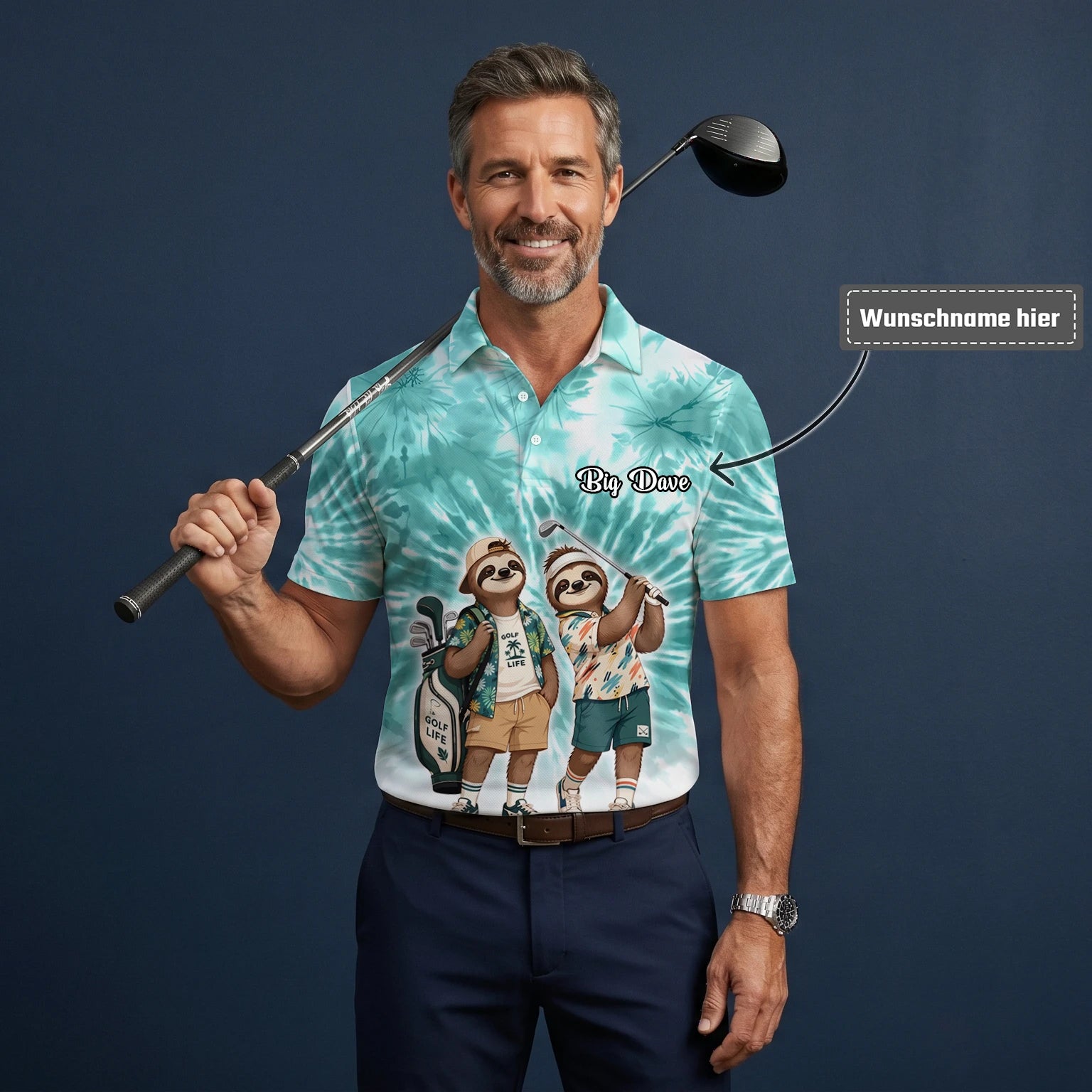 Personalisiertes Golf Poloshirt Türkis Faultier Golfer Cartoon Design für Herren C1614