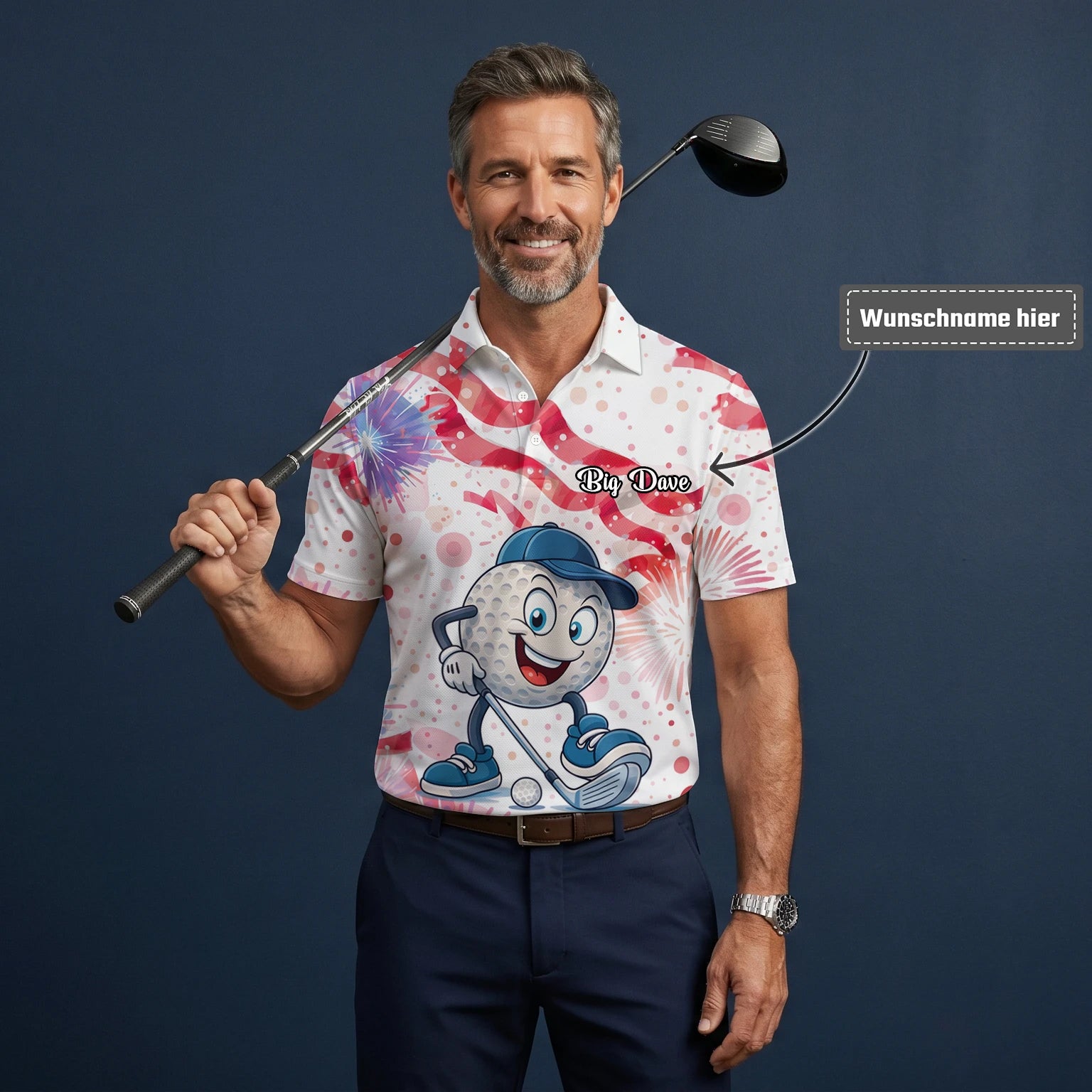 Personalisiertes Golf Poloshirt Weiß Rosa Golfball Cartoon Feuerwerk Design für Herren C2083