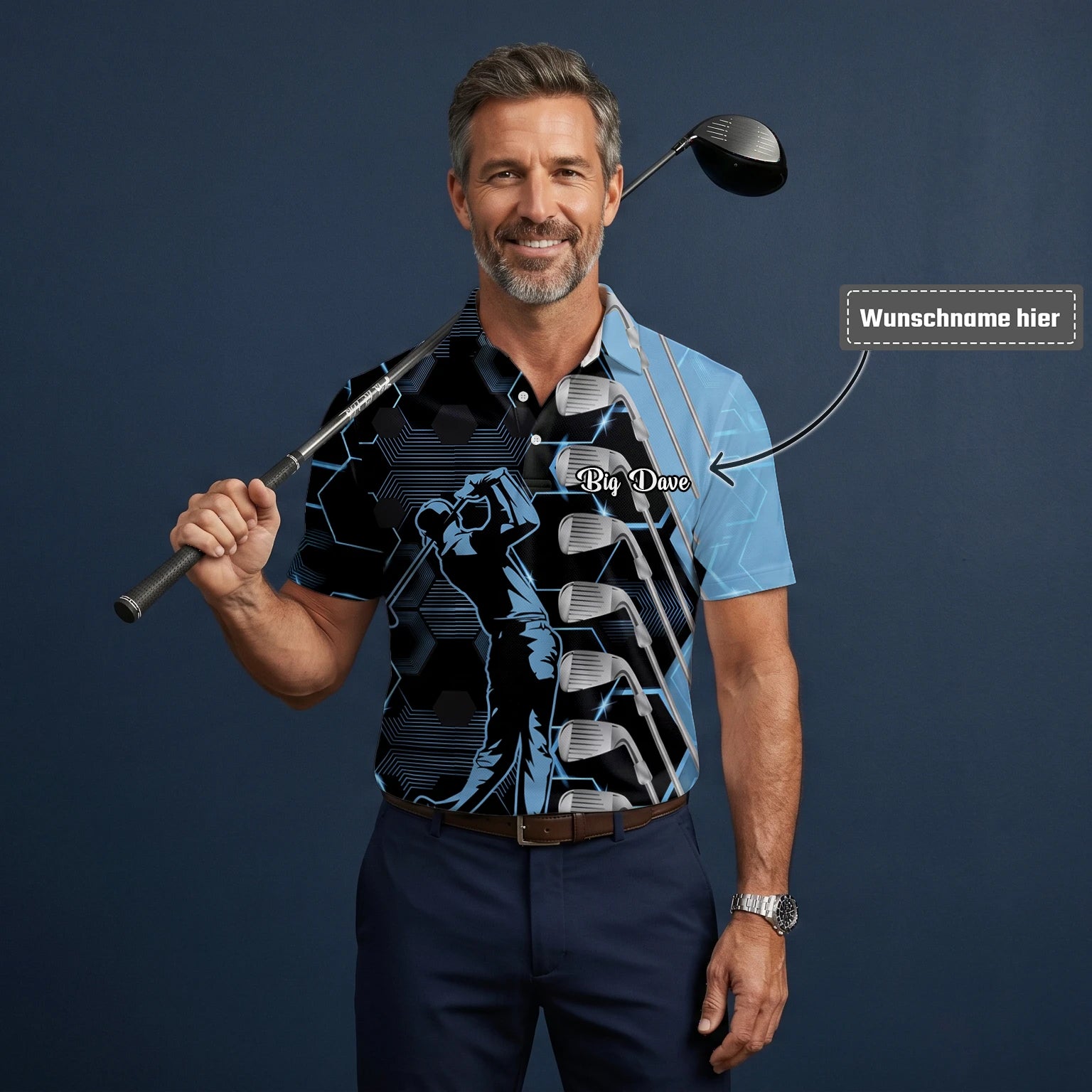 Personalisiertes Golf Poloshirt in Schwarz-Blau mit Golfer- und Golfschläger-Grafik für Herren J5818
