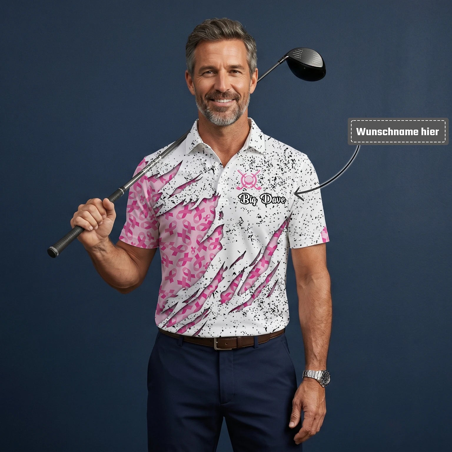 Personalisiertes Golf Poloshirt Weiß Rosa Brustkrebs Schleifen Zerrissenes Design für Herren B7190