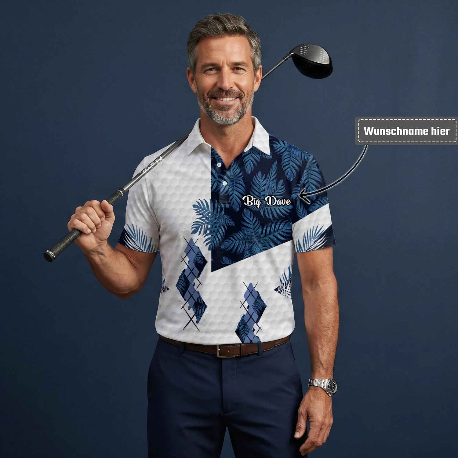 Personalisiertes Golf Poloshirt Weiß Marineblaues Tropisches Blätter Rauten Design für Herren D6549