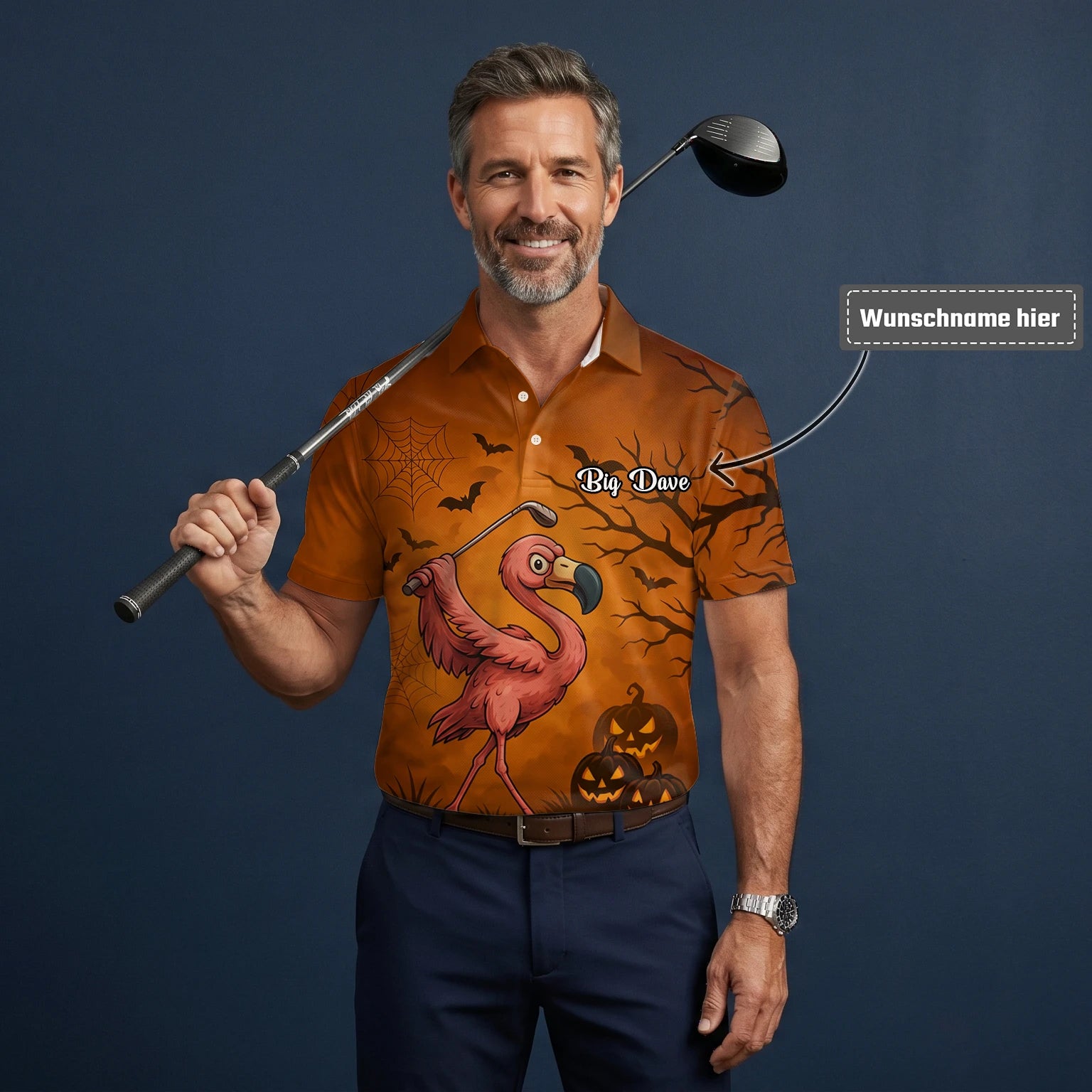 Personalisiertes Golf Poloshirt Orange Halloween Flamingo Golfer Kürbis Design für Herren V7072
