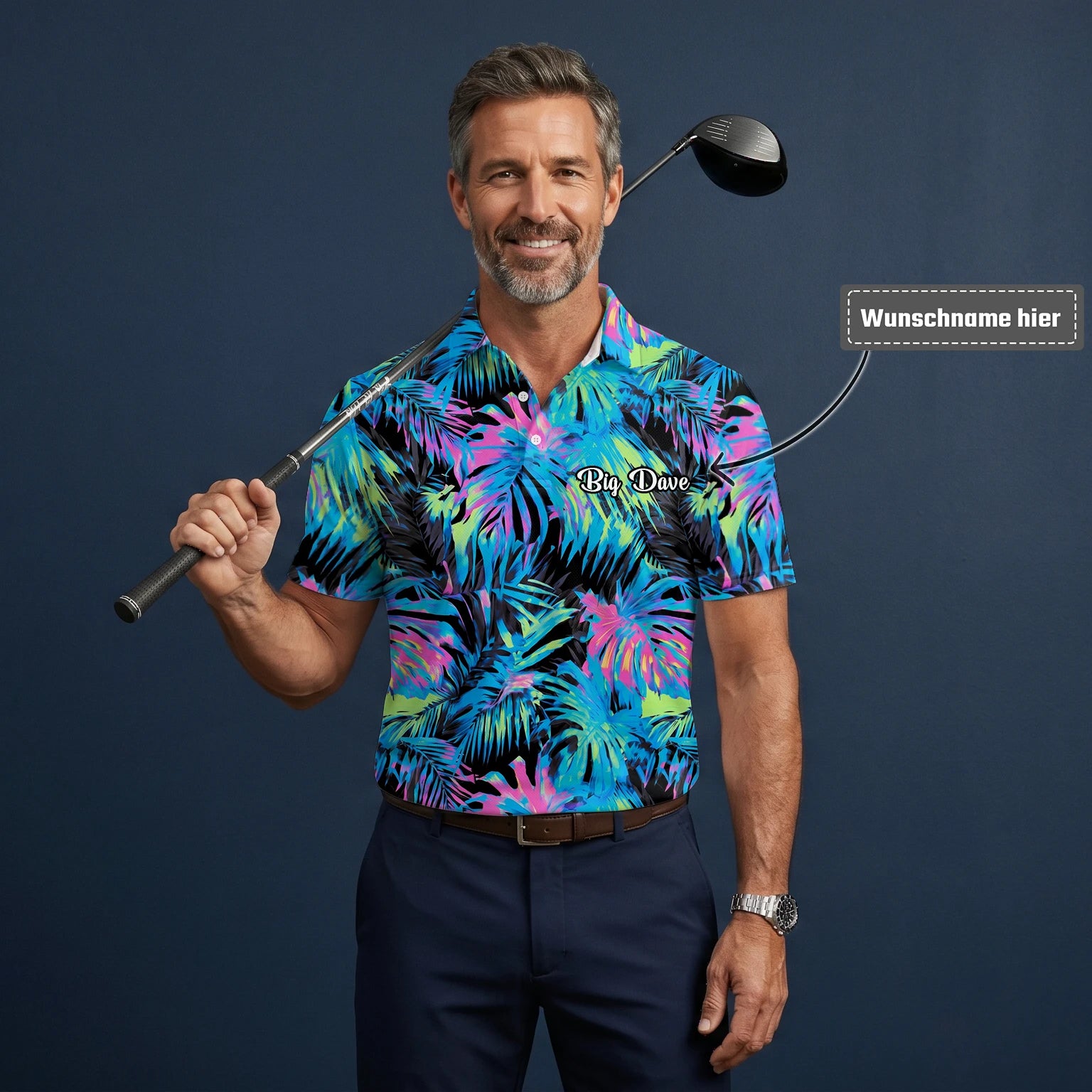 Personalisiertes Golf Poloshirt Schwarz Neon Tropisches Blätter Design für Herren D2207