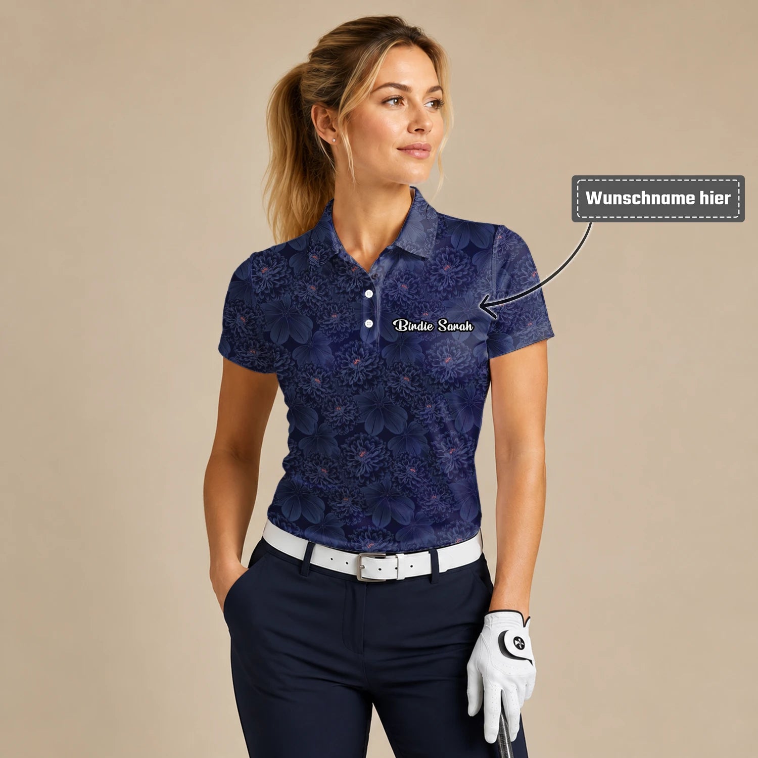 Personalisiertes Golf Poloshirt Dunkelblaues Chrysanthemen Blumen Design für Damen A0086