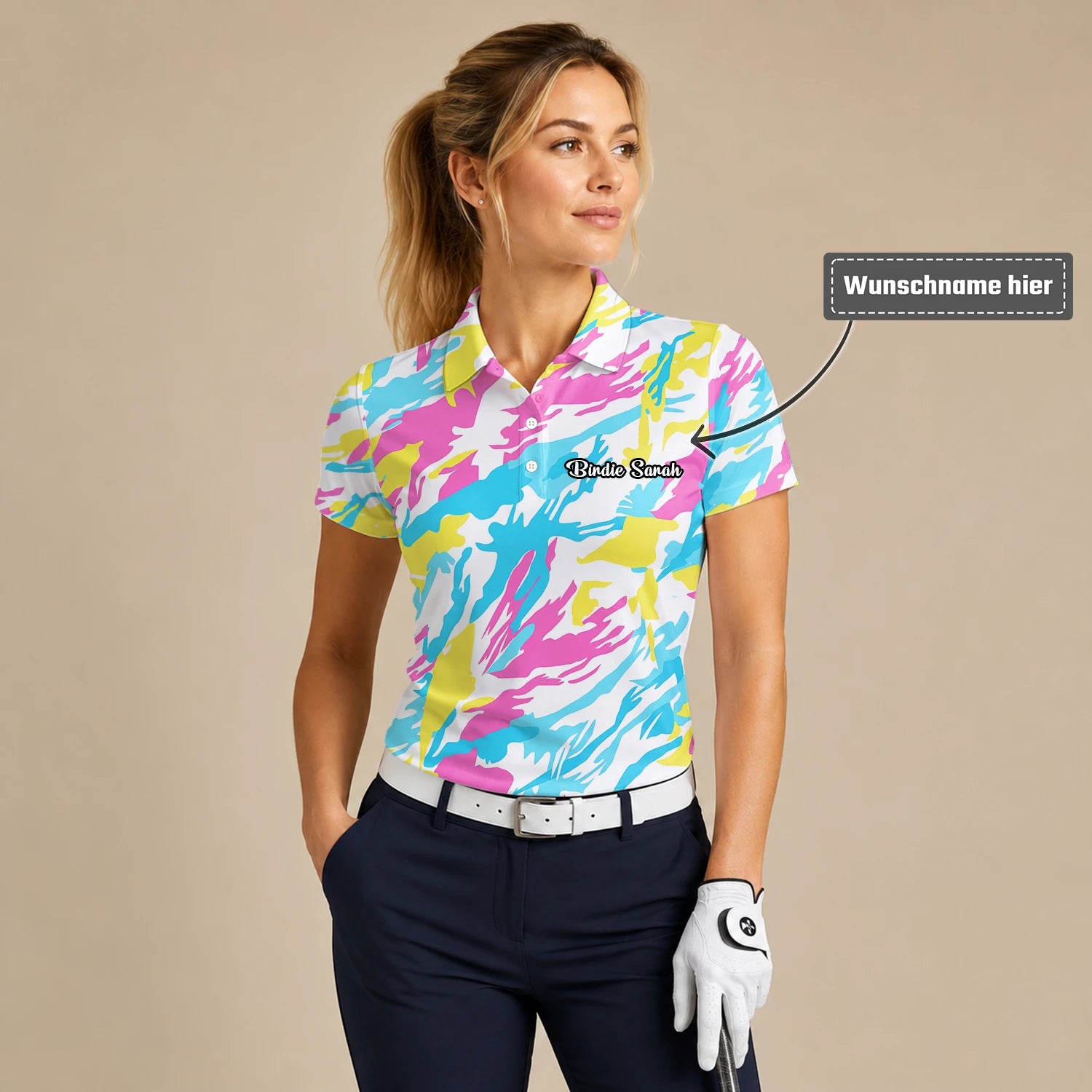 Personalisiertes Golf Poloshirt Pastell Regenbogen Camo Design für Damen F0280