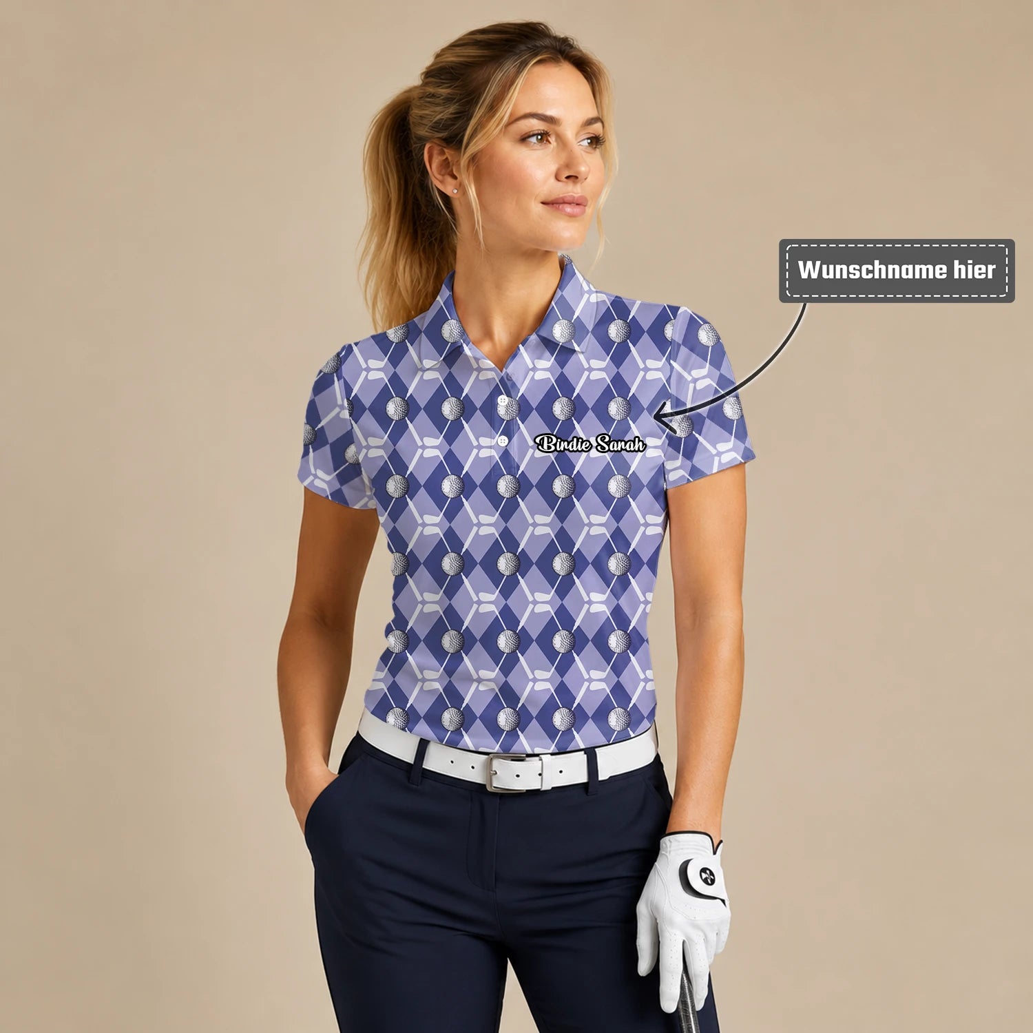 Personalisiertes Golf Poloshirt Blaues Rauten Golfball Golfschläger Design für Damen F3847