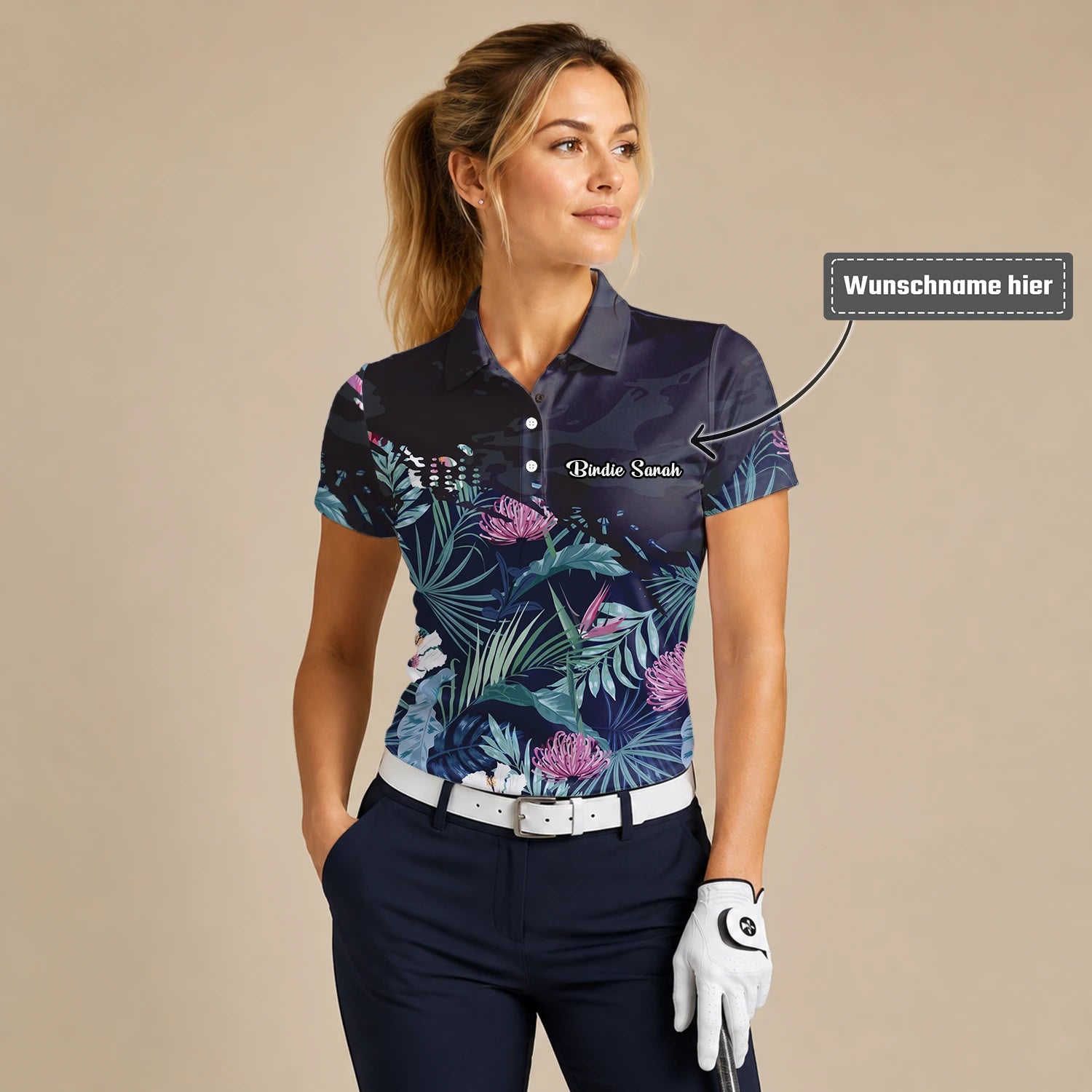 Personalisiertes Golf Poloshirt Marineblaues Tropisches Blumen Blätter Design für Damen N4110