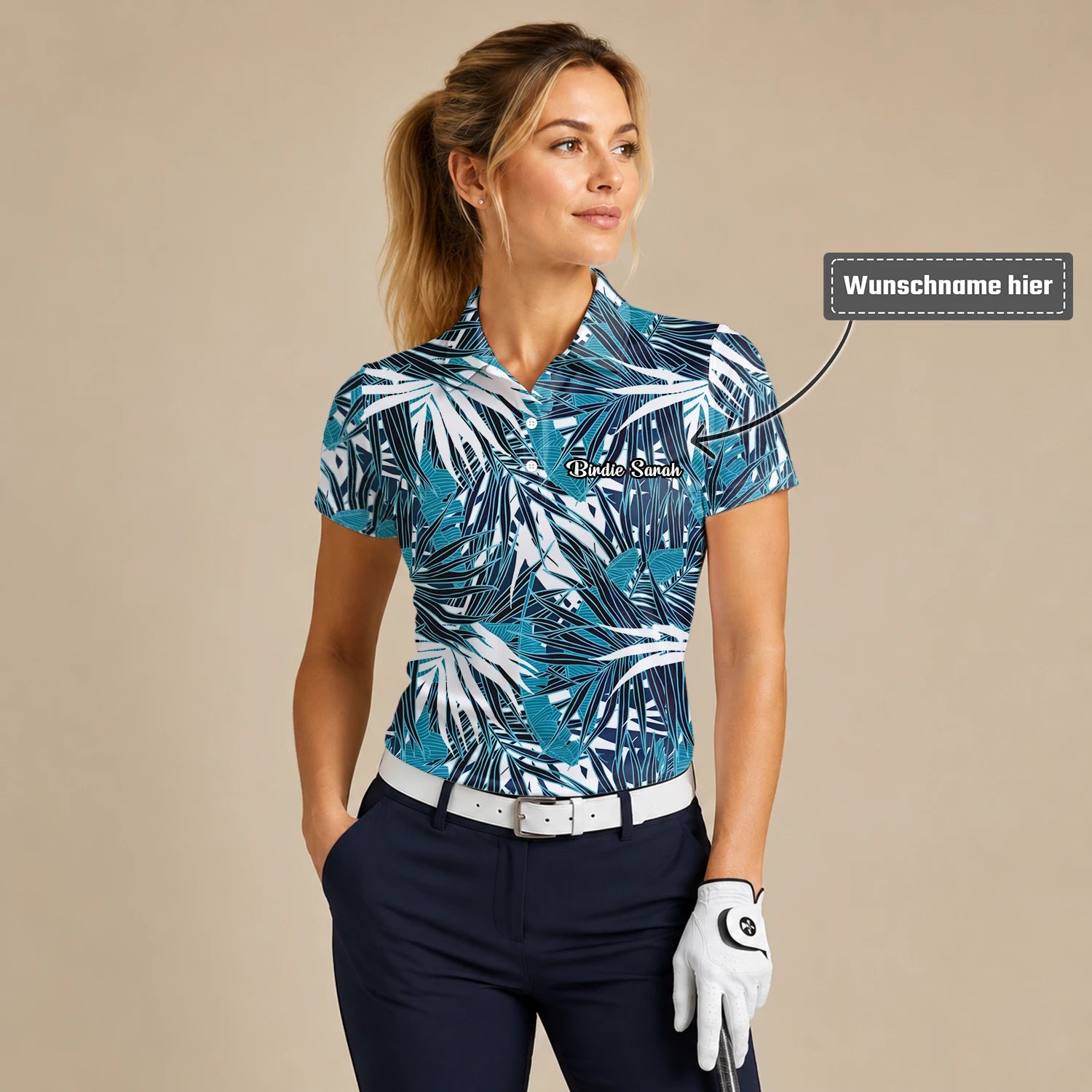 Personalisiertes Golf Poloshirt Türkis Schwarz Weißes Palmenblätter Design für Damen S8543