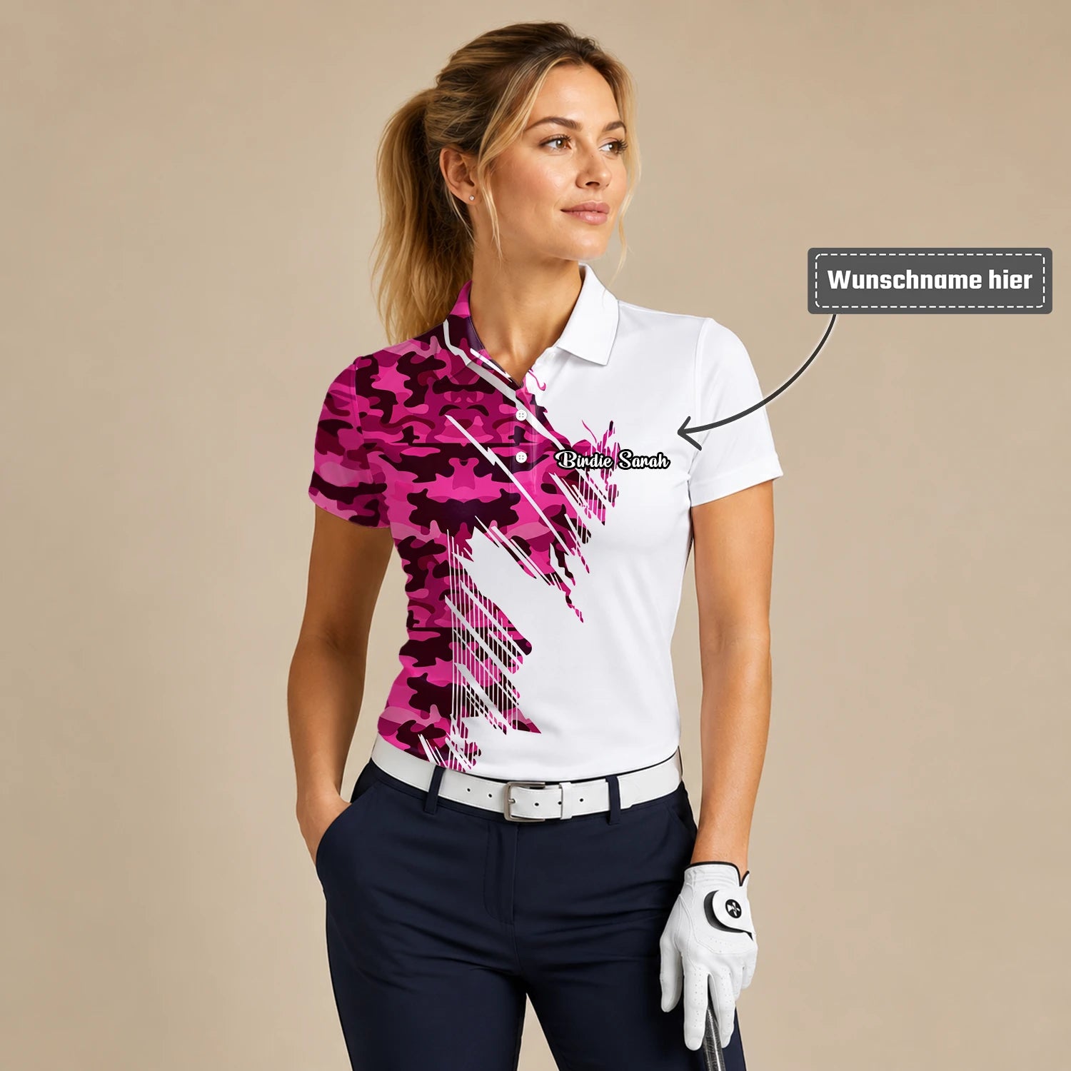 Personalisiertes Golf Poloshirt Weiß Rosa Camo Pinselstrich Design für Damen S6501