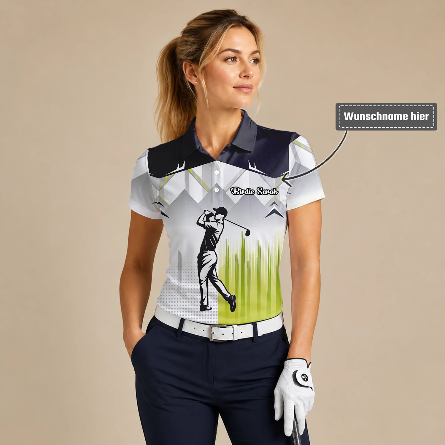 Personalisiertes Golf Poloshirt Schwarz Grau Limettengrünes Golfer Silhouetten Design für Damen F4552