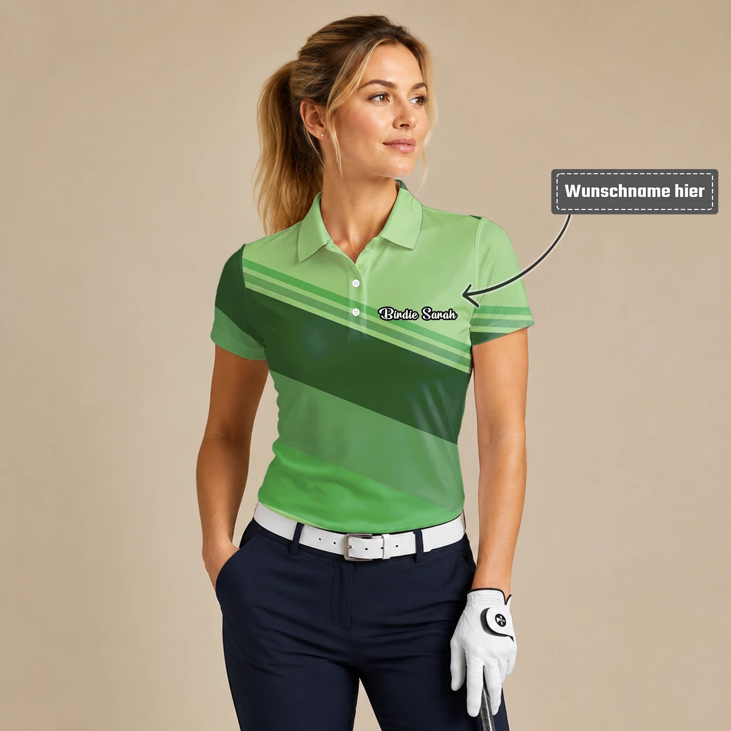 Personalisiertes Golf Poloshirt Hellgrünes Geometrisches Streifen Design für Damen S1599