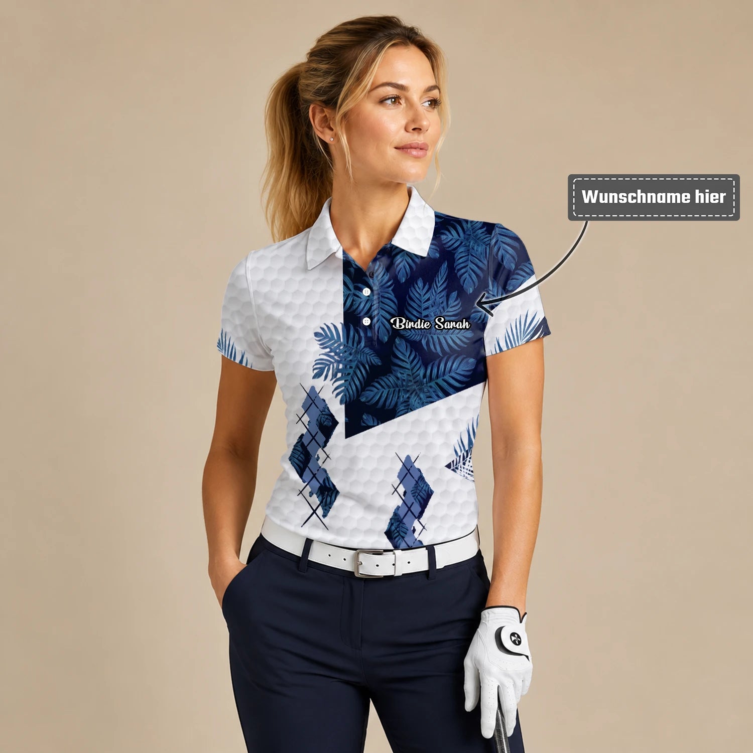 Personalisiertes Golf Poloshirt Weiß Marineblaues Tropisches Blätter Rauten Design für Damen D6549