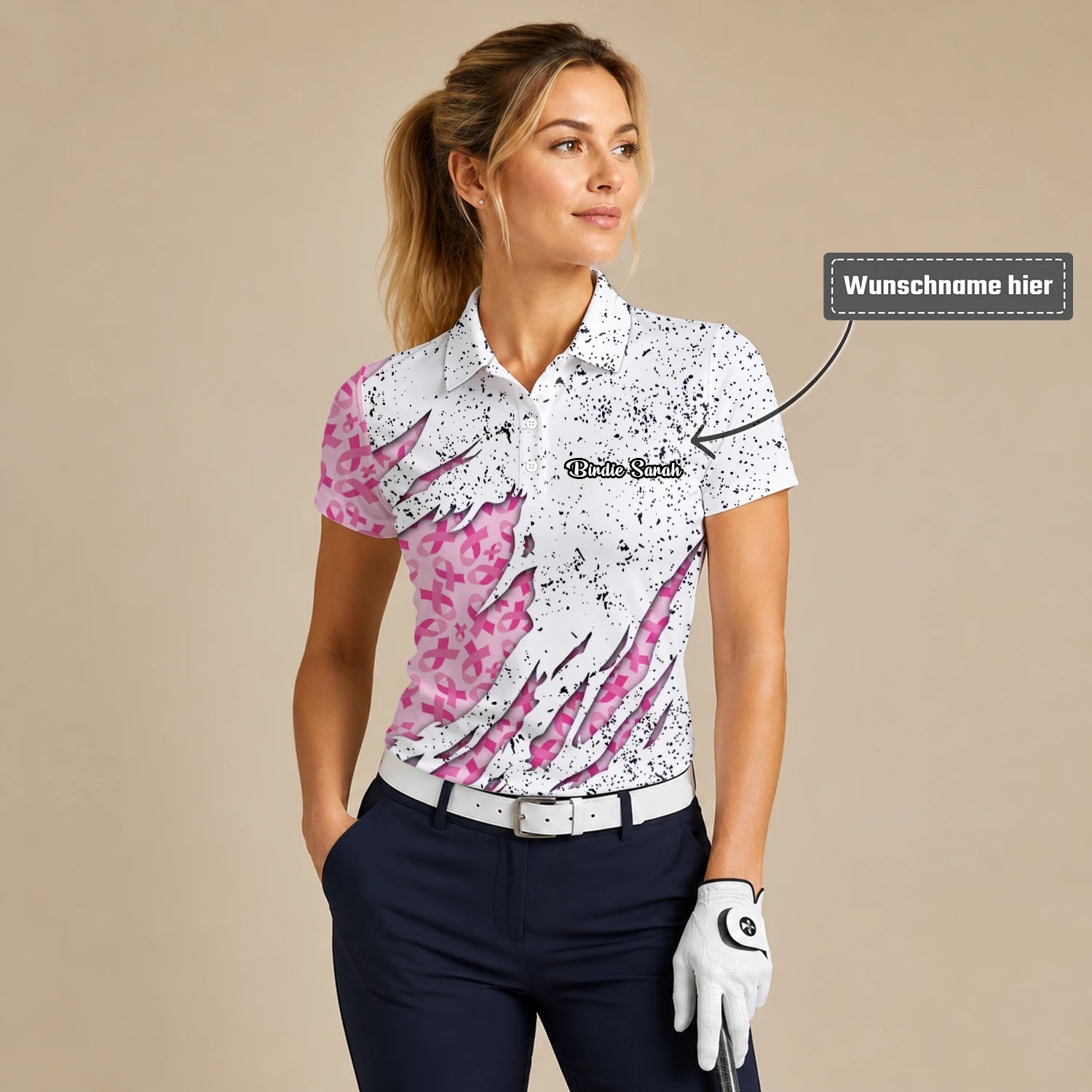 Personalisiertes Golf Poloshirt Weiß Rosa Brustkrebs Schleifen Zerrissenes Design für Damen B7190