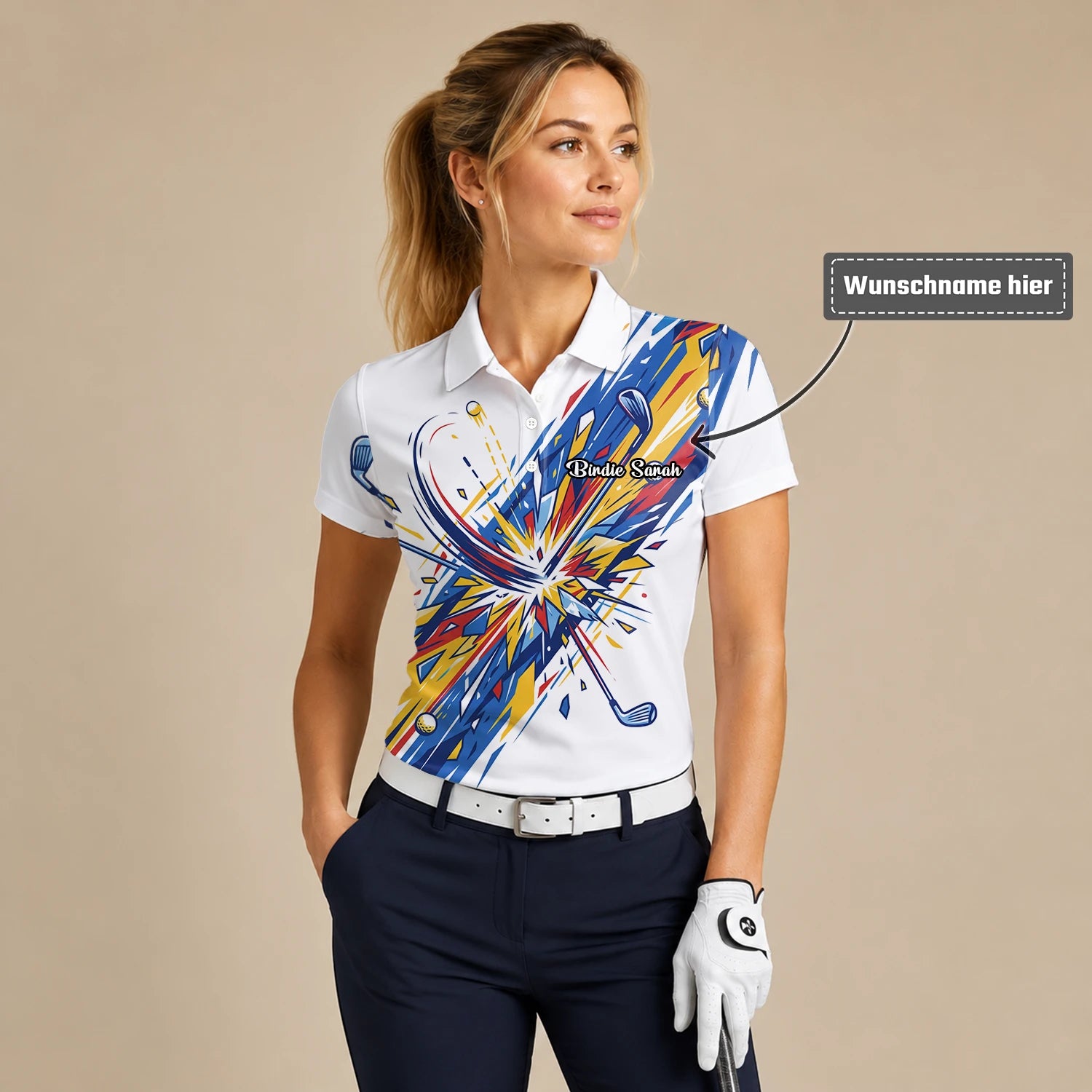 Personalisiertes Golf Poloshirt Weiß Blaues Golf Schwung Grafik Design für Damen B2869