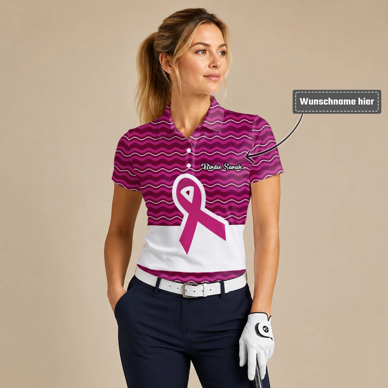 Personalisiertes Golf Poloshirt Rosa Brustkrebs Awareness Schleifen Wellen Design für Damen B1640