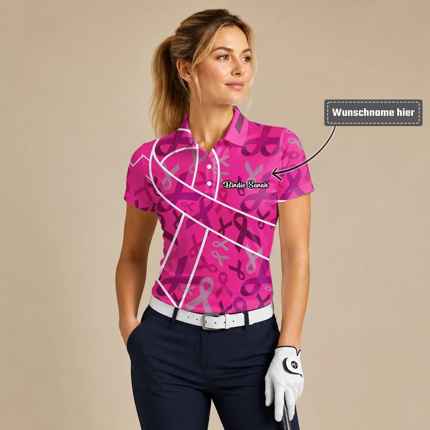 Personalisiertes Golf Poloshirt Rosa Brustkrebs Awareness Schleifen Design für Damen O4093