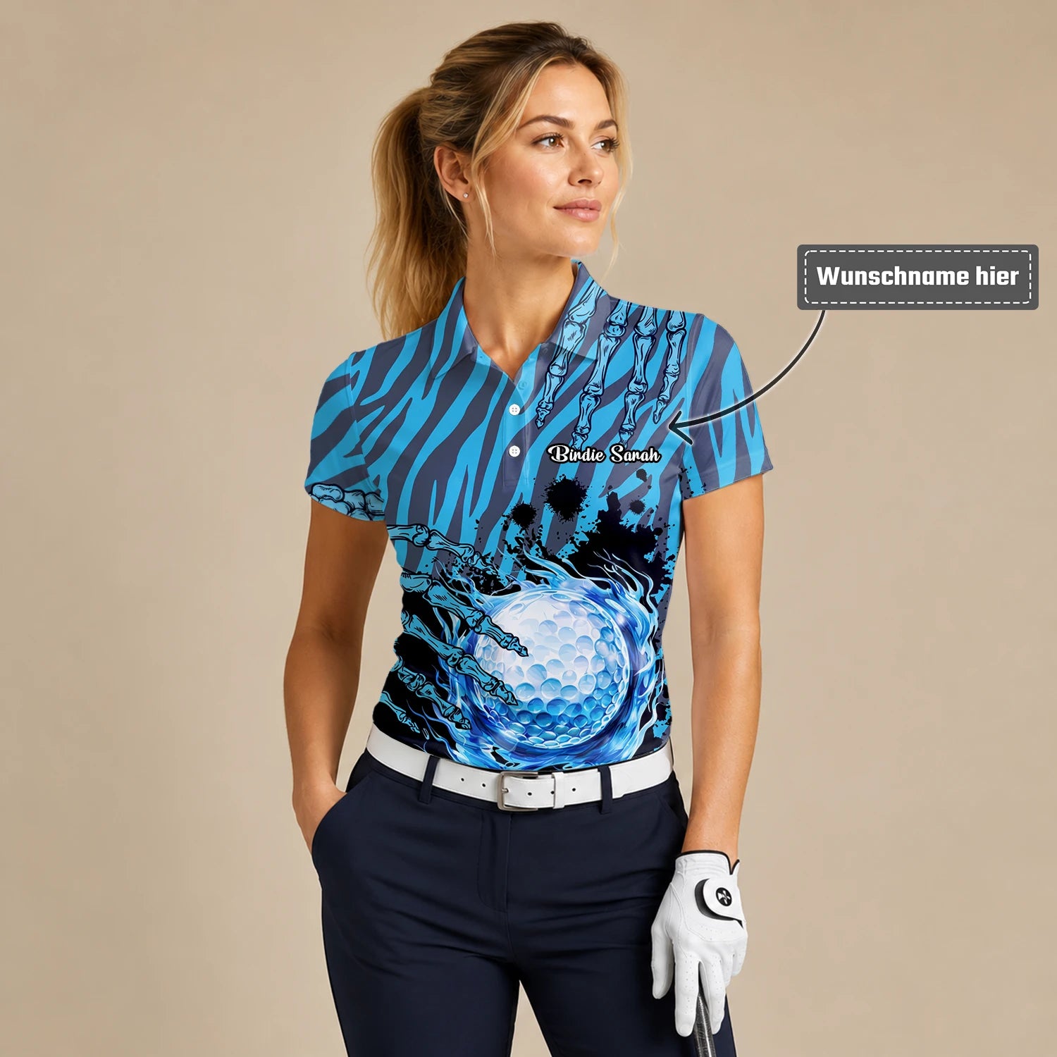 Personalisiertes Golf Poloshirt Blau Schwarzes Golfball Wasser Splash Design für Damen B9791