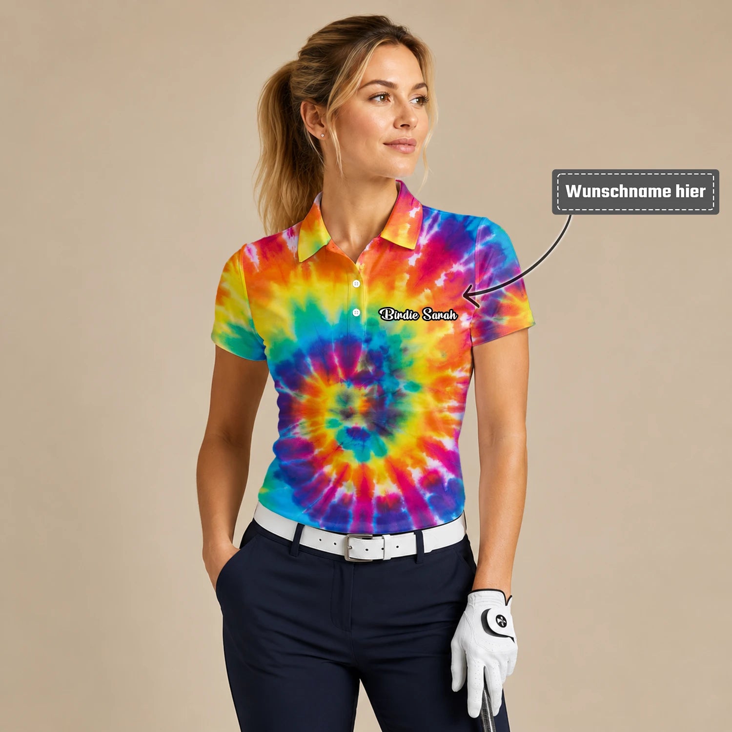 Personalisiertes Golf Poloshirt mit Regenbogen-Batik-Spirale für Damen S4610