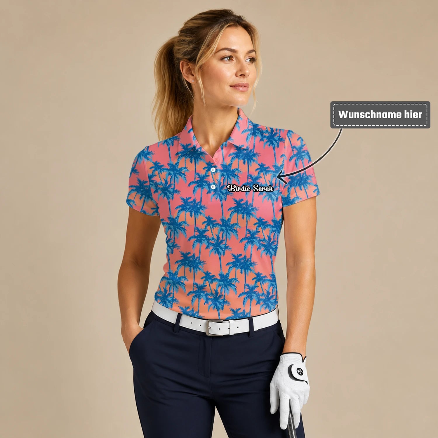 Personalisiertes Golf Poloshirt Korallenrosa Blaues Palmen Design für Damen A5845