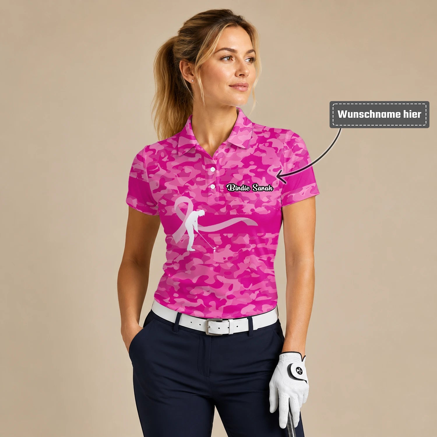 Personalisiertes Golf Poloshirt Rosa Camo Brustkrebs Awareness Schleifen Golfer Design für Damen Z3179
