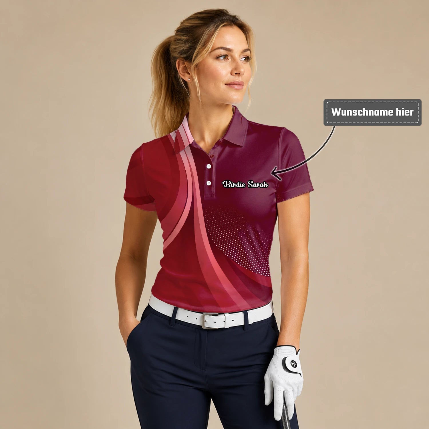 Personalisiertes Golf Poloshirt Bordeaux Rotes Abstraktes Wellen Design für Damen B4612