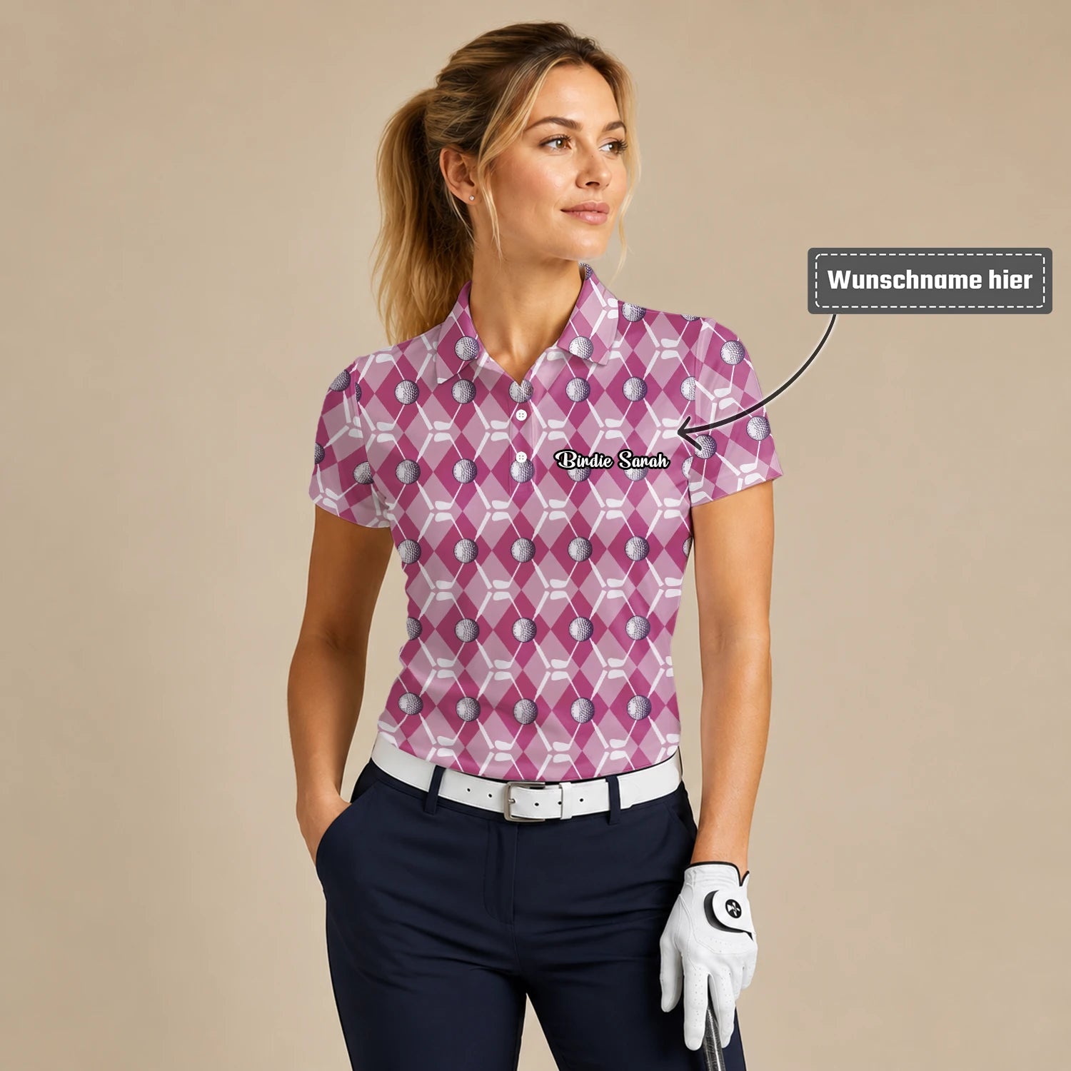 Personalisiertes Golf Poloshirt Rosa Rauten Golfball Design für Damen X0000
