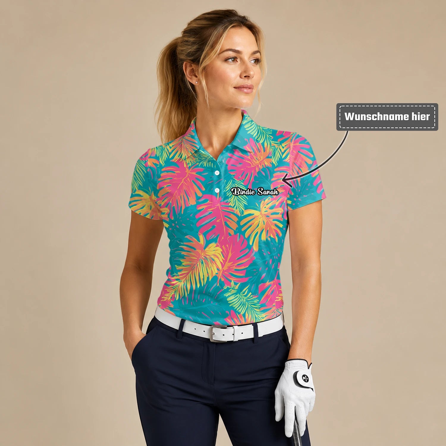 Personalisiertes Golf Poloshirt Türkis Korallenrotes Tropisches Blätter Design für Damen H8937