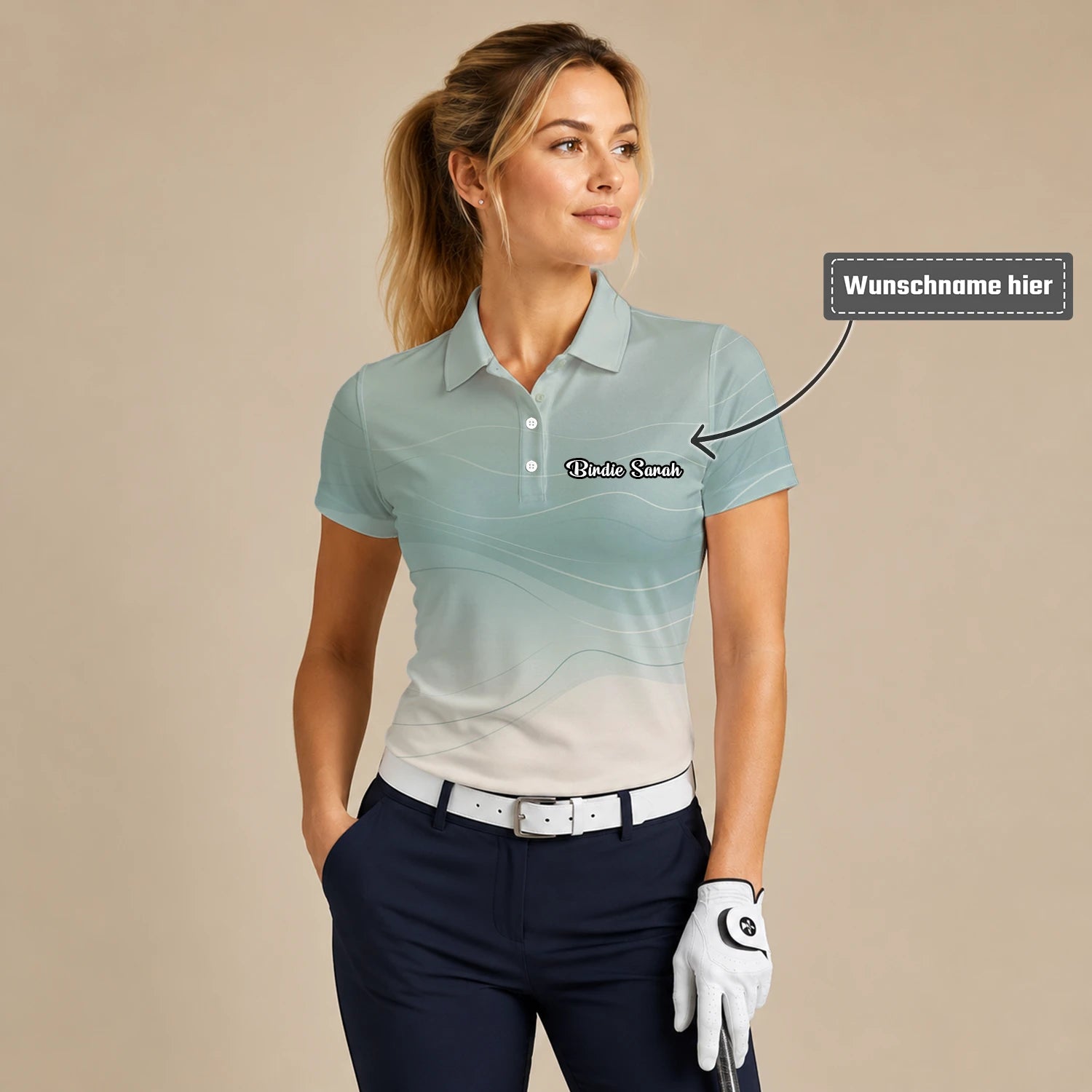 Personalisiertes Golf Poloshirt Salbeigrün Beiges Abstraktes Wellen Design für Damen X8036